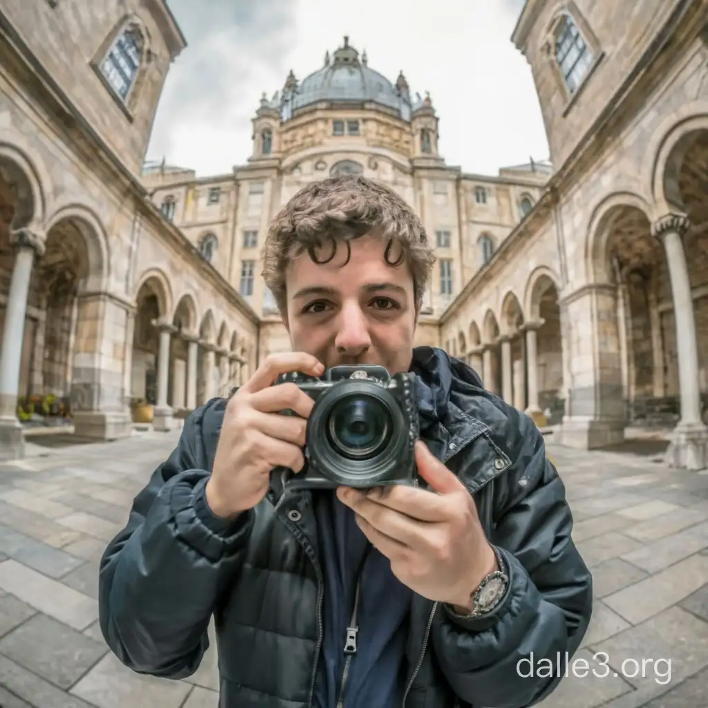 clueless bumbling turist with camera around classic european buildings he has brown hair green eyes and roman nose long square face pale skin steel bracelet 20 years old puffer jacket fish-eye lens making soyjack face