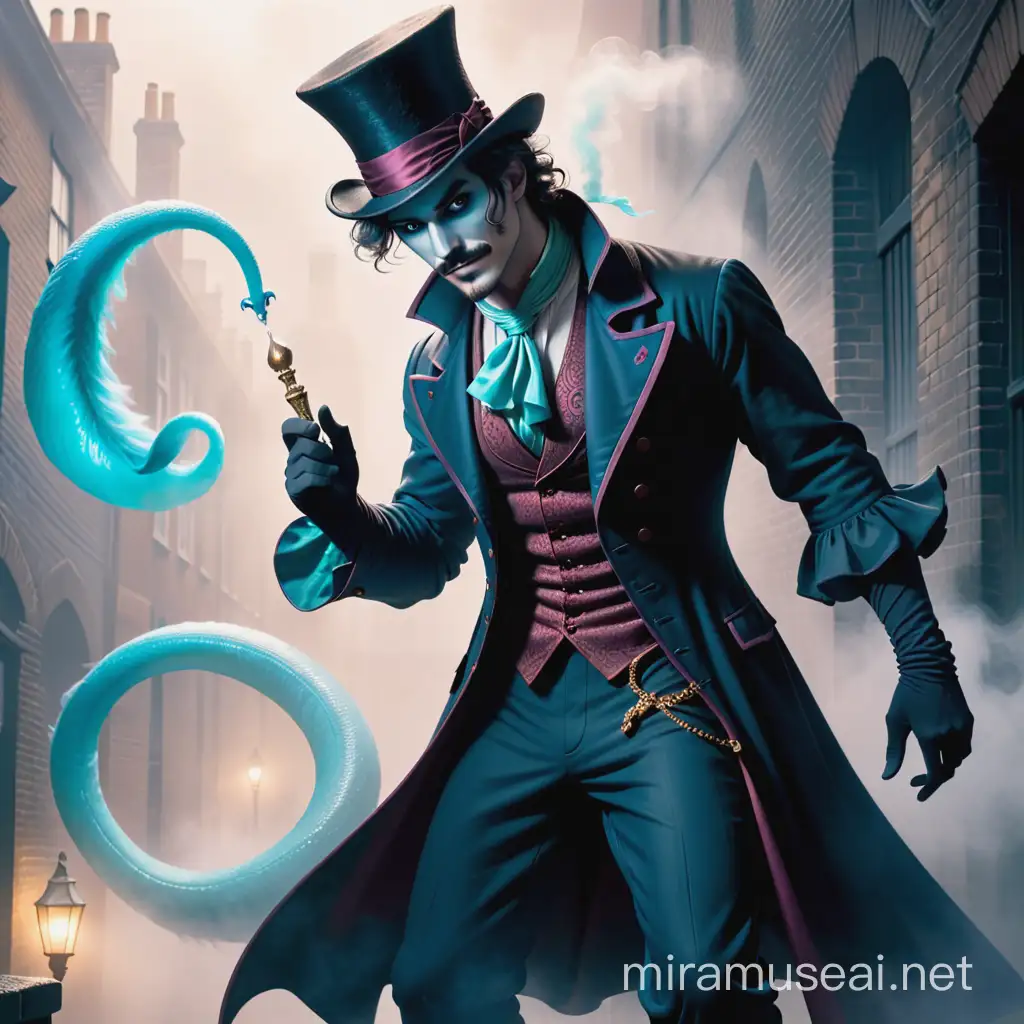 genie mythological figure, with his misty tail, as jack the ripper the serial killer from london