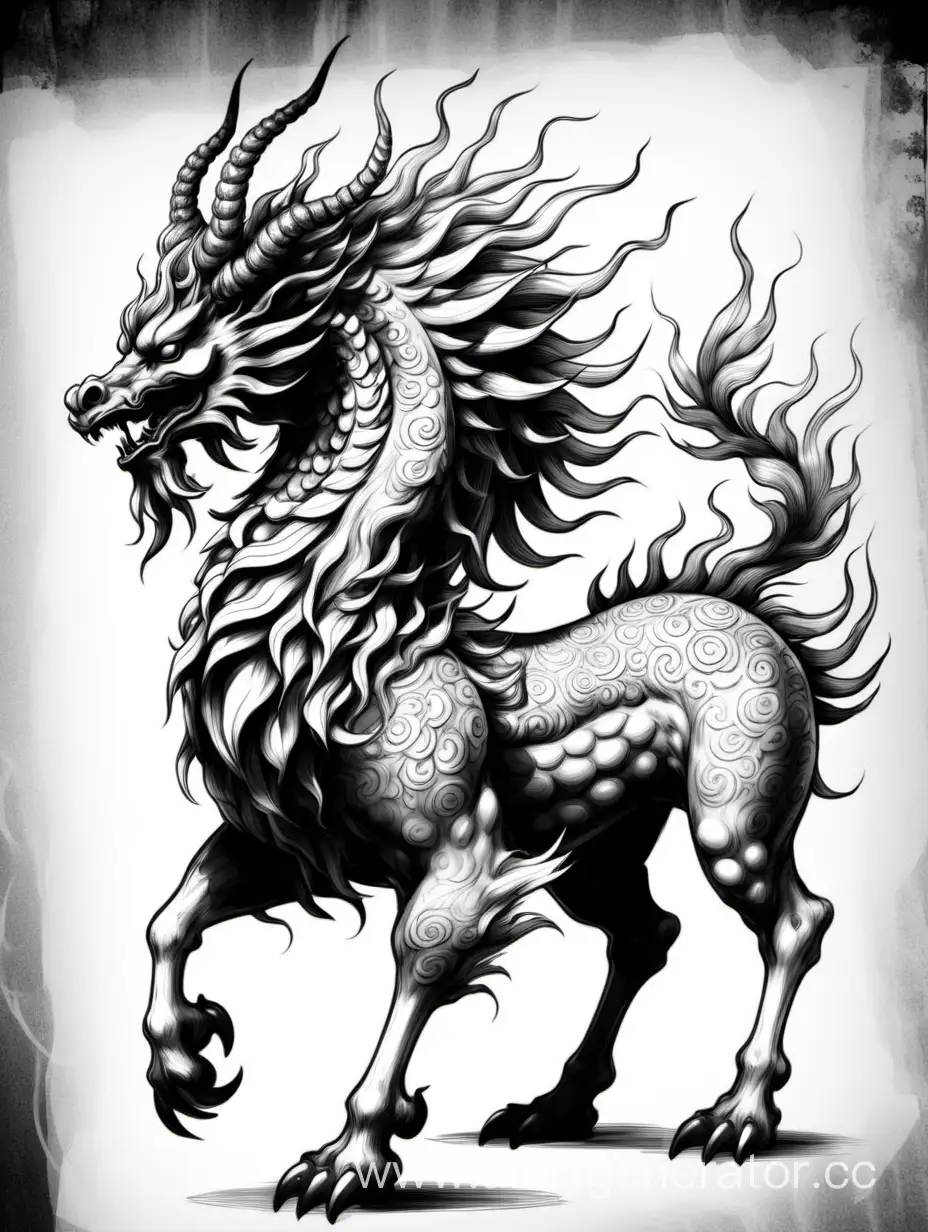China Kirin mythical beast, black and white sketch