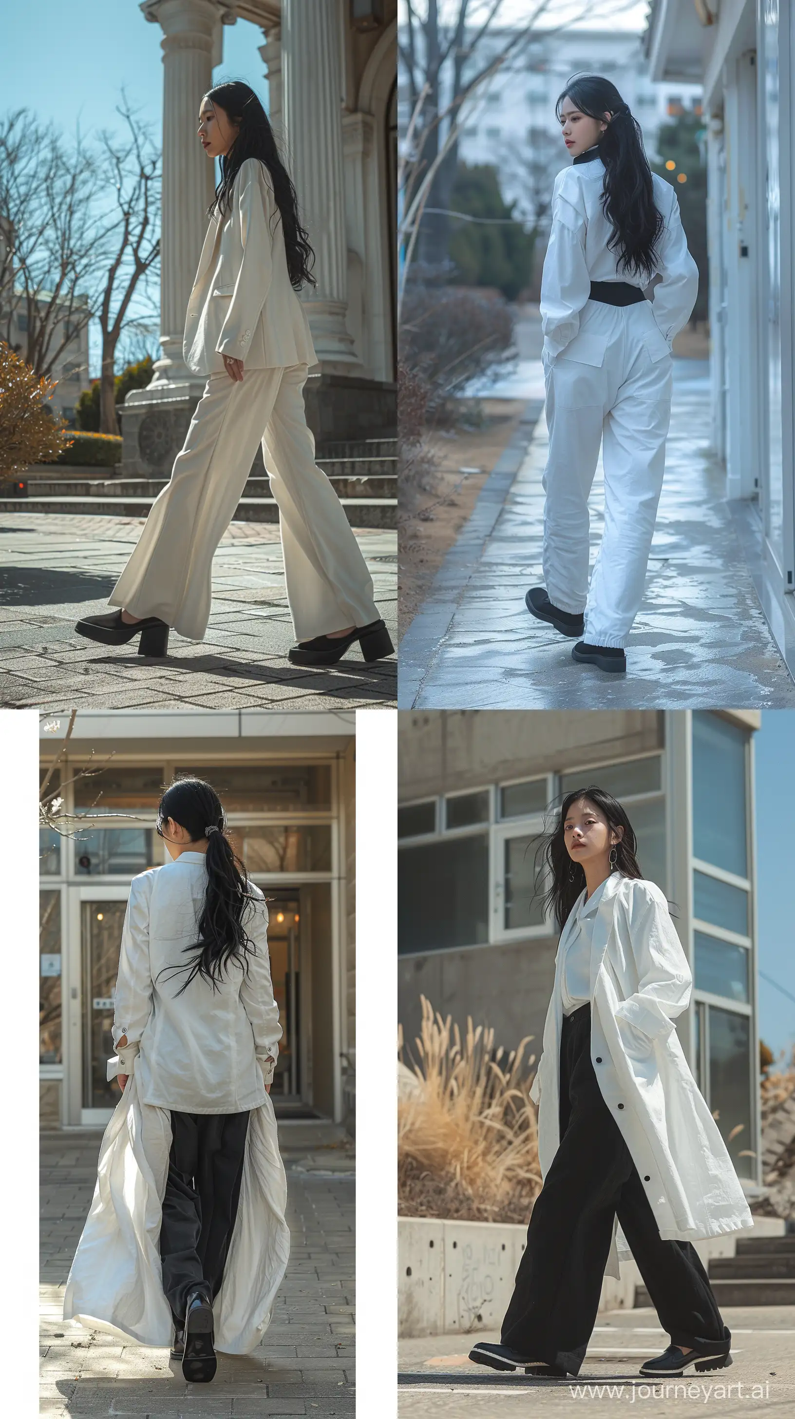 a korean woman walking on campus wearing white blues and black oversize suit pants with black loafers shoes,profile back body, lowfilm, black hair,fujifilm --ar 9:16 --stylize 550