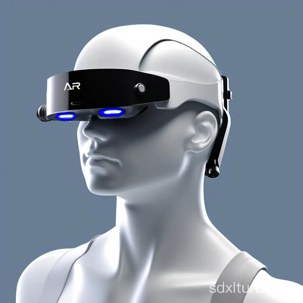 Wearing an AR headset on the head, the head is a mannequin, the head tilts to the right at 45°, the AR headset is simpler, smaller