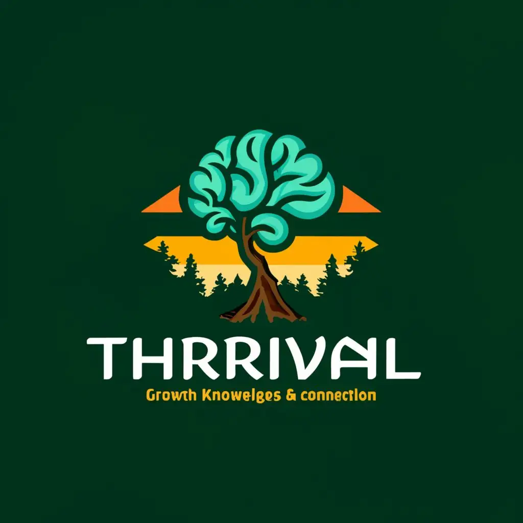 a logo design,with the text "Thrival", main symbol:A brain and tree connected. Behind the tree is a landscape with a hiker, a tarp, a mountain and a creek.,complex,be used in Travel industry,clear background