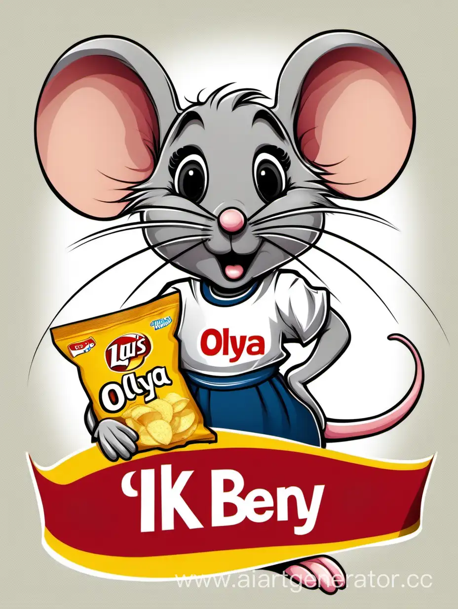 Мышь-девочка в футболке с надписью «Ik ben Olya», пачка чипсов lay’s