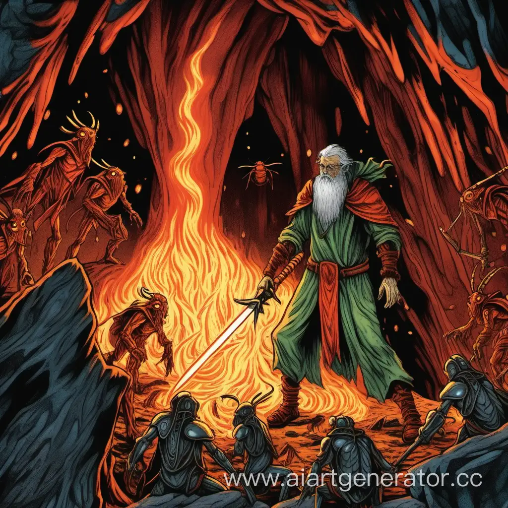 друид используя огненный меч убивает жуков в пещере