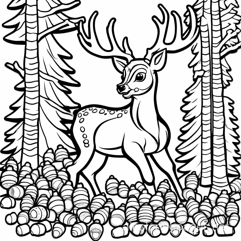 maine pine trees deer eating acorns with pine cone, Coloring Page, black and white, line art, white background, Simplicity, Ample White Space. The background of the coloring page is plain white to make it easy for young children to color within the lines. The outlines of all the subjects are easy to distinguish, making it simple for kids to color without too much difficulty