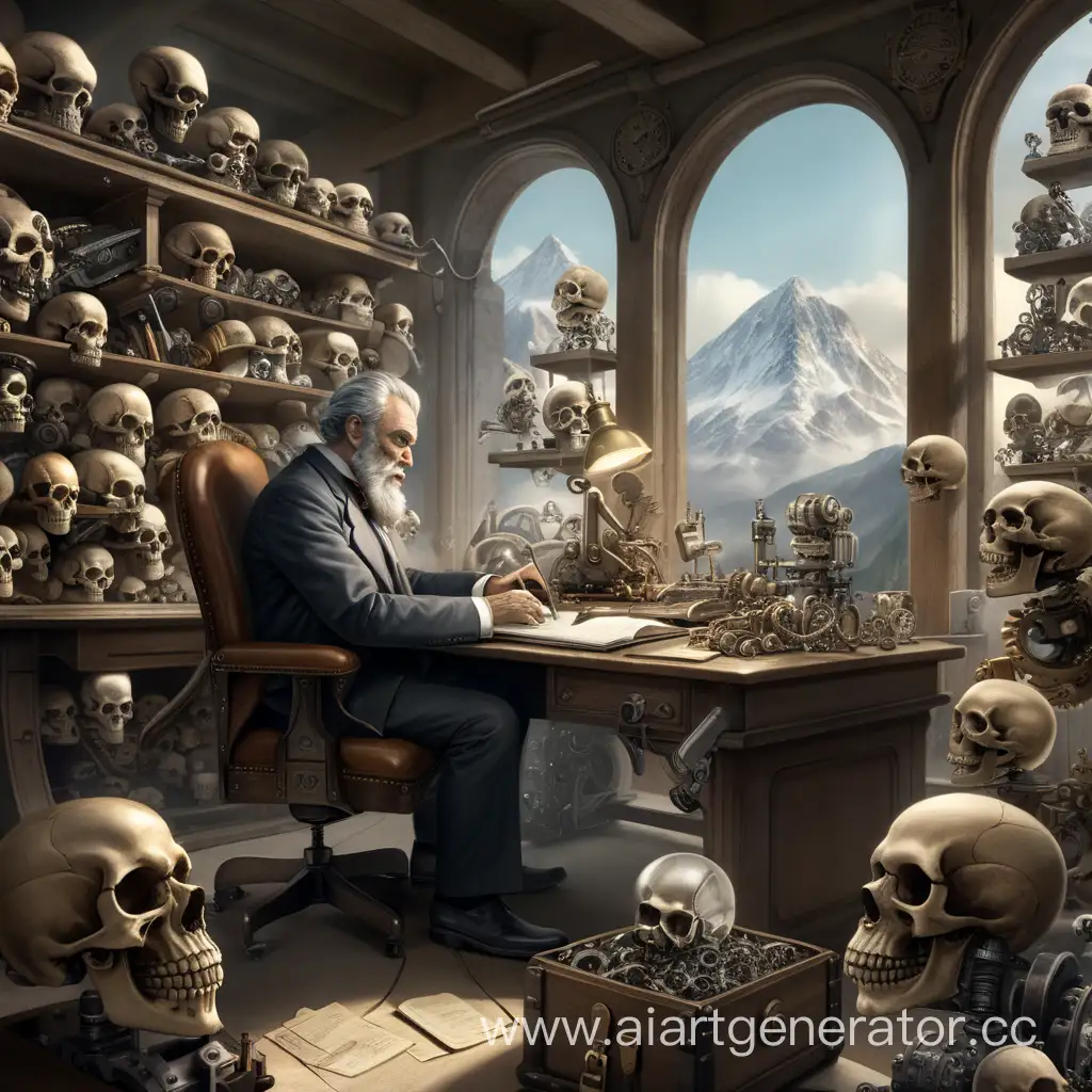 человек изобретатель сидит за рабочим столом в окружении механизмов , за окном гора из черепов