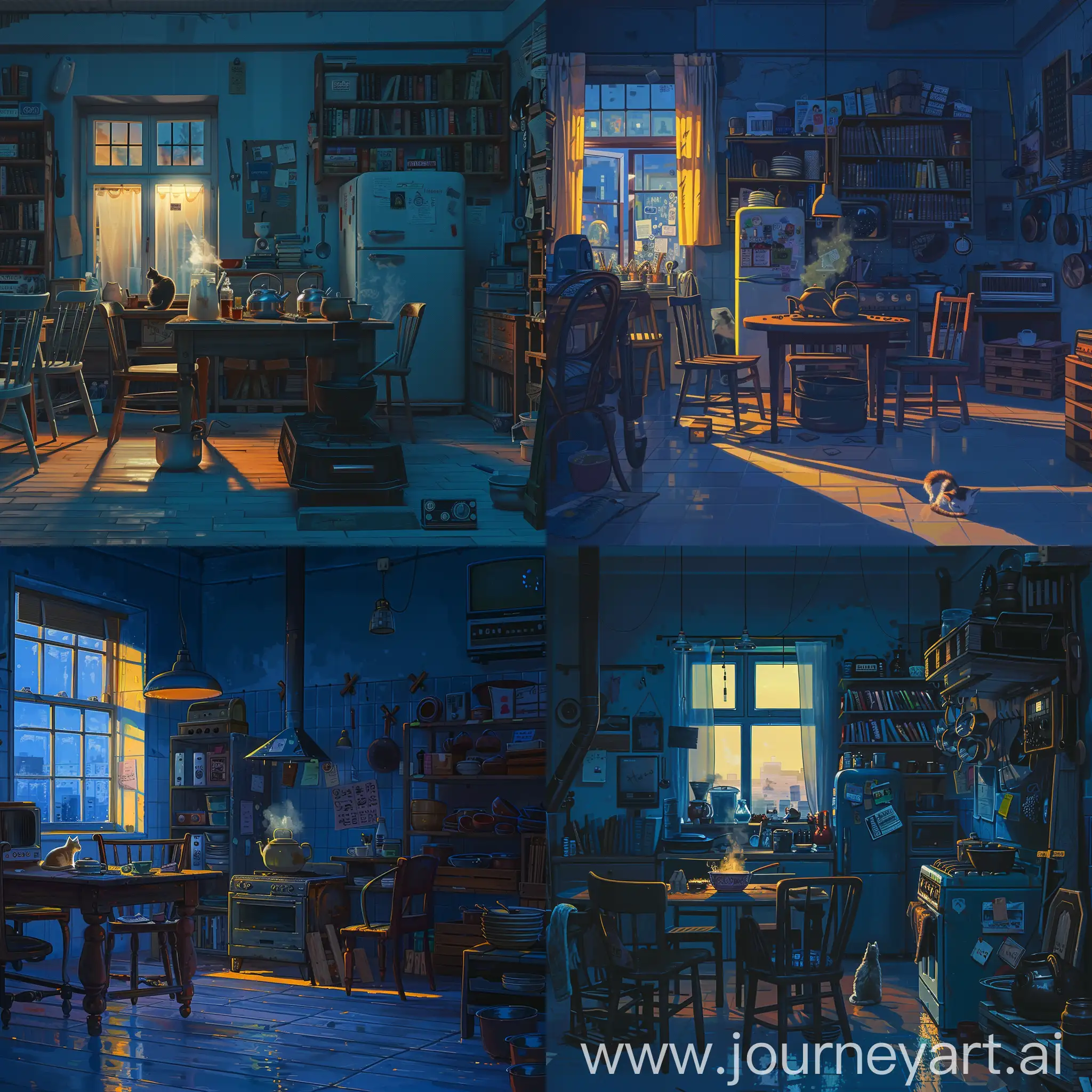 Imagine a spacious communal apartment room in the twilight hours, filled with an assortment of objects that speak of everyday life: boiling old teapot on old stove. There's not a single new item in the room.  The room is cast in deep blue shadows, offset by warm, dark yellow light filtering through a window, reminiscent of the setting sun. This subtle illumination reveals a cat sitting by the window, adding life to the scene. The room is densely populated with communal objects: a sturdy dining table, multiple chairs of different styles, a bookshelf overflowing with well-thumbed books, an aged refrigerator with magnets and notes, a vintage radio perched on a small table, and various pots and pans hanging from hooks on the wall. Wooden pallet pinned to the wall. The atmosphere is thick with the stories of the many tenants who have passed through. Please create an image that is rich in detail, photorealistic, and filled with these elements, capturing the essence of a shared historical narrative within this communal apartment space