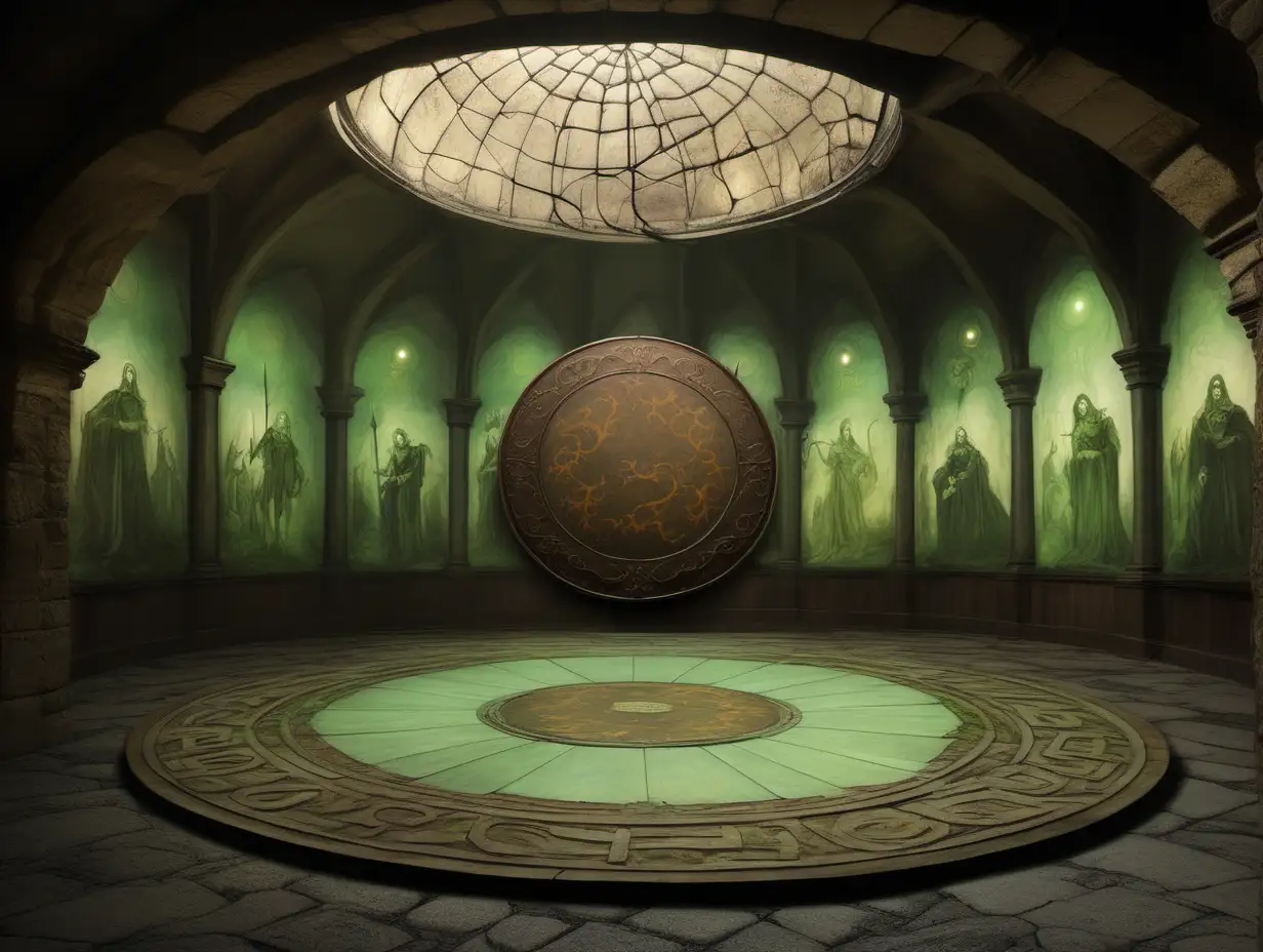Enchanting Medieval Fantasy Circular Room with Pale Green Lights