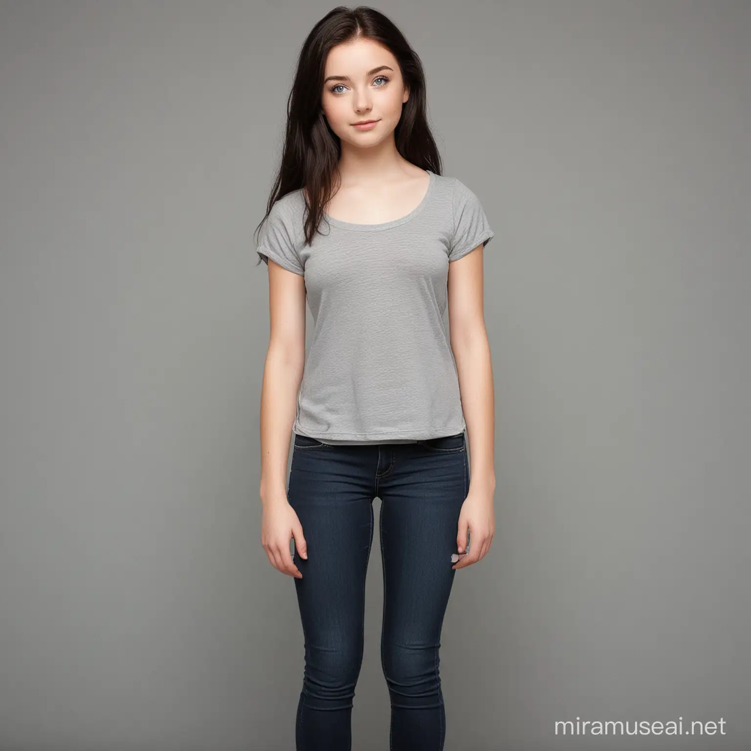 A full body picture of a girl that is the age of 16, she is white, has auburn black hair, has grey-blue eyes and is somewhat tall