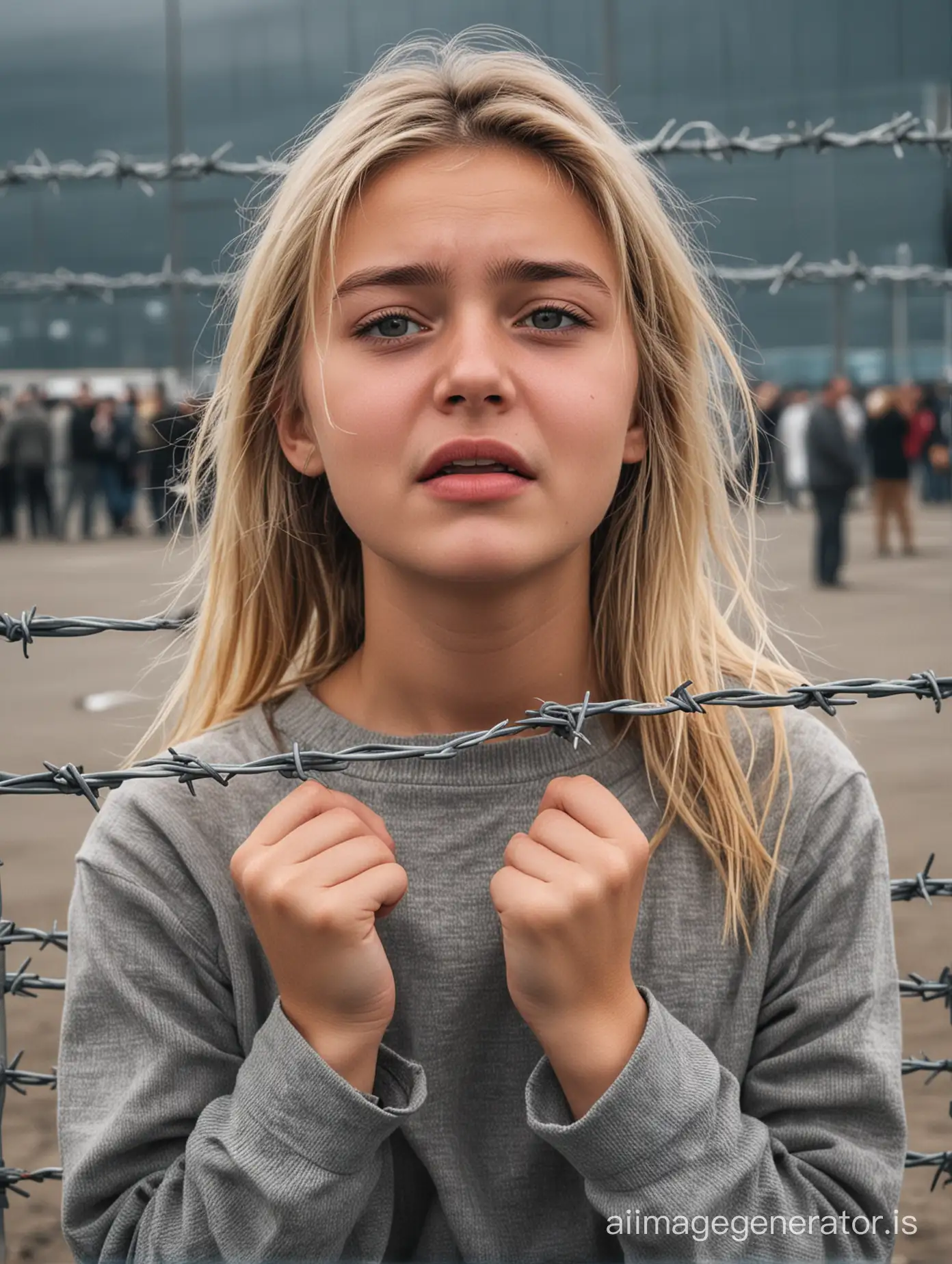 A girl is standing behind the barbed wire fence at the airport crying.
