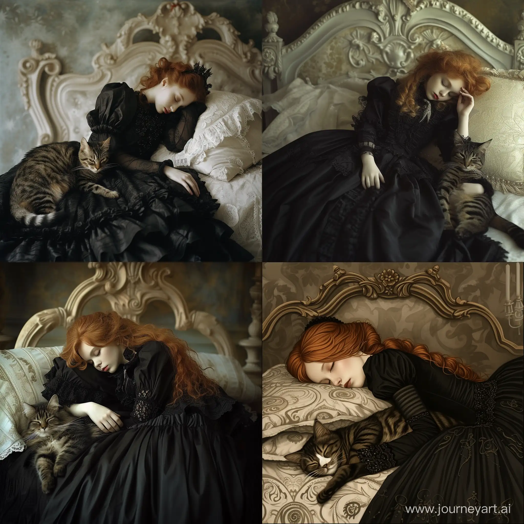 Serene-Gothic-Beauty-RedHaired-Girl-Sleeping-Beside-GothicStyle-Cat