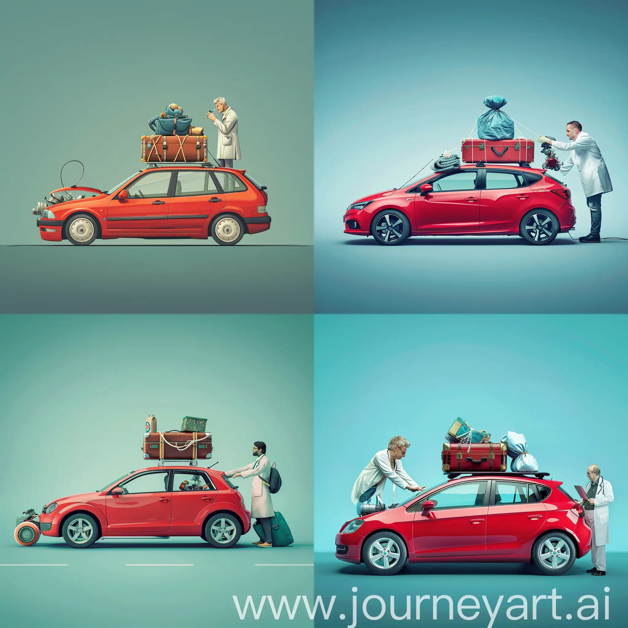 Red-Hatchback-Car-Packed-for-Travel-with-Doctor-Examining-Engine