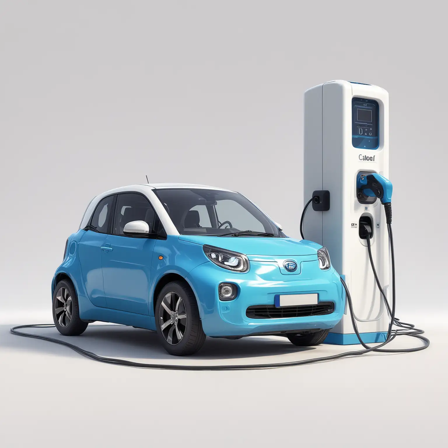 Create an image of a blue electrical vehicle charging at a station. Colourful pixar style, white background