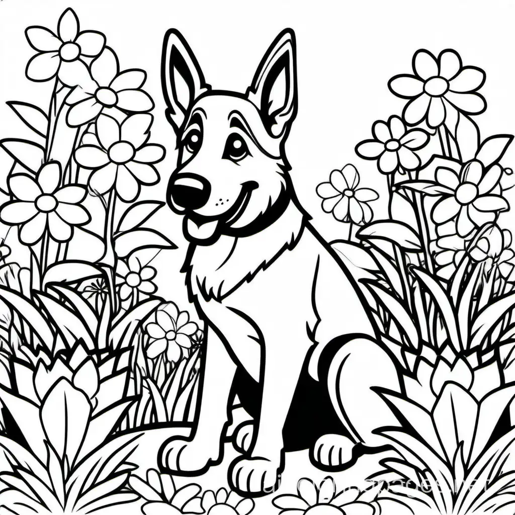 happy german shepherd dog in a spring flower garden, Coloring Page, black and white, line art, white background, Simplicity, Ample White Space. The background of the coloring page is plain white to make it easy for young children to color within the lines. The outlines of all the subjects are easy to distinguish, making it simple for kids to color without too much difficulty