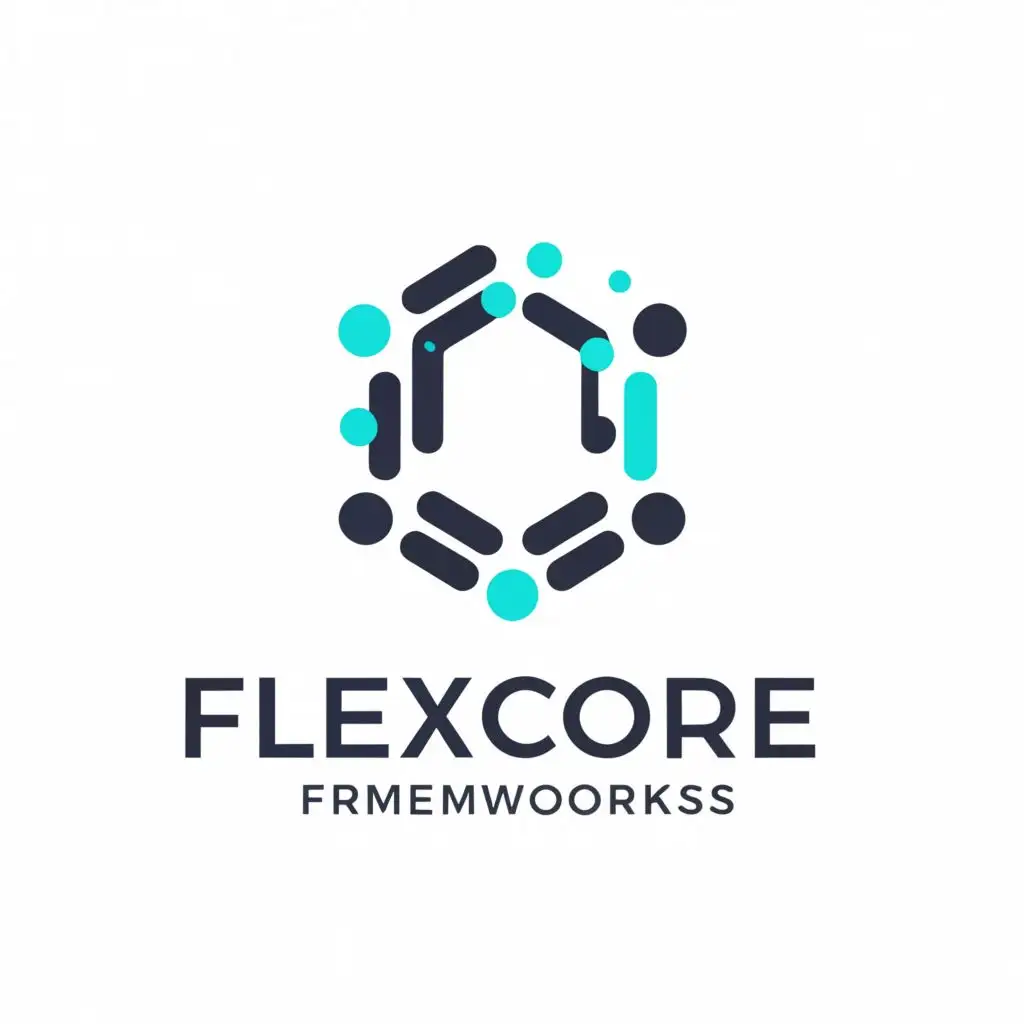 a logo design,with the text "FlexCore Frameworks", main symbol:A hexagon in the center, symbolizing a core framework with differing nodes surrounding it that connect to the core hexagon symbolizing different systems operating separately yet integrating with the core,Minimalistic,be used in Technology industry,clear background