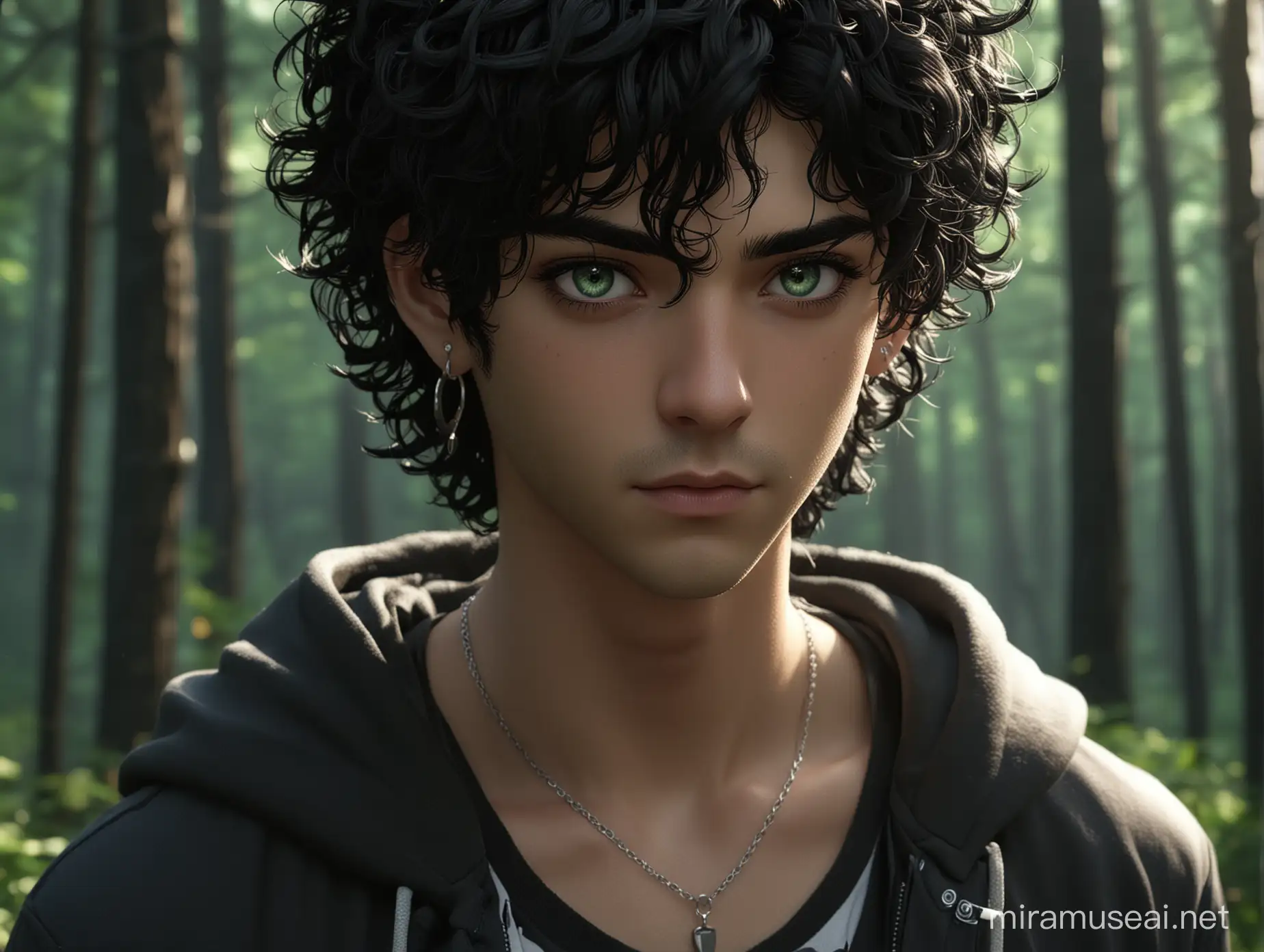 3d, anime, male, big black curly hair, long earrings, black eyebrows, green eyes, emo, forest low light
