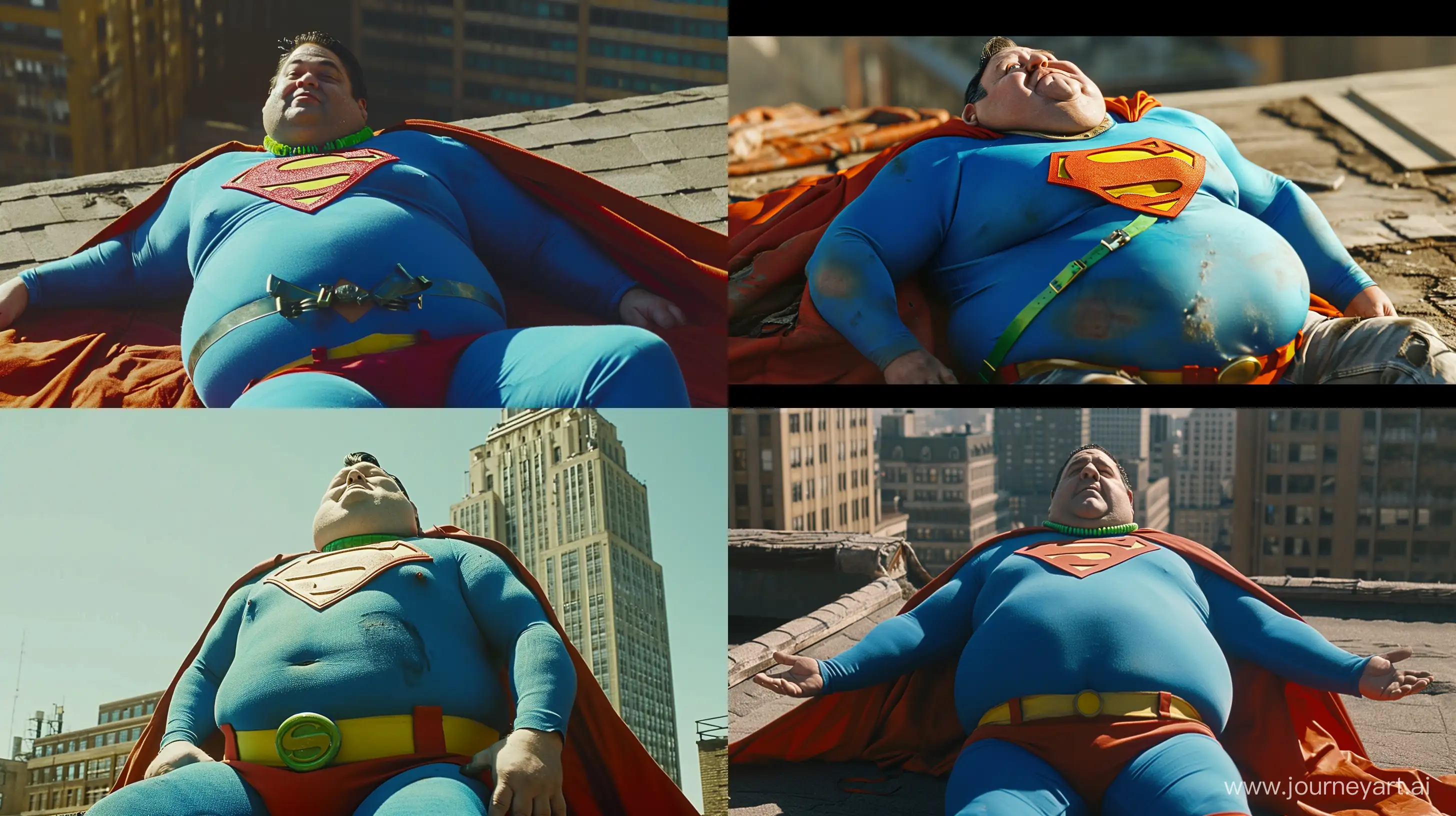 A chubby man wearing a tight bright blue superman costume with a big red cape. He is lying on a rooftop in broad daylight. He wears a bright green necklace. Dreamlike quality. --ar 16:9 --v 6