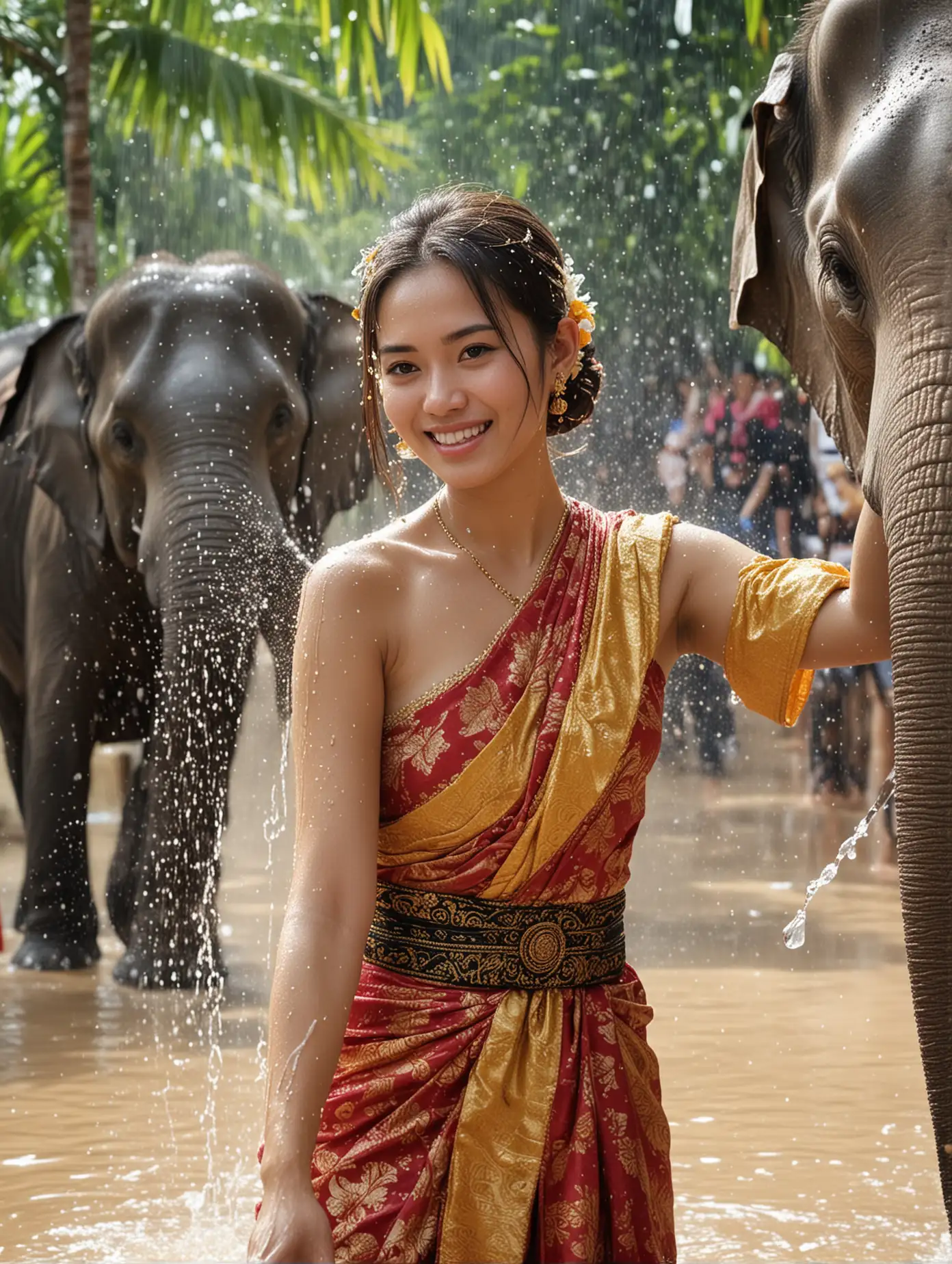 Thai girl, dressed in traditional Thai clothes, with a strong festive atmosphere, Elephant， holding water , facing the camera, joyfully splashing each other with water during the New Year celebration, water droplets splashing on her face, exquisite facial features, Thailand Water Songkran scene, with coconut trees in the background, water splashing violently in front of the camera, strong lens sense，full-body shot