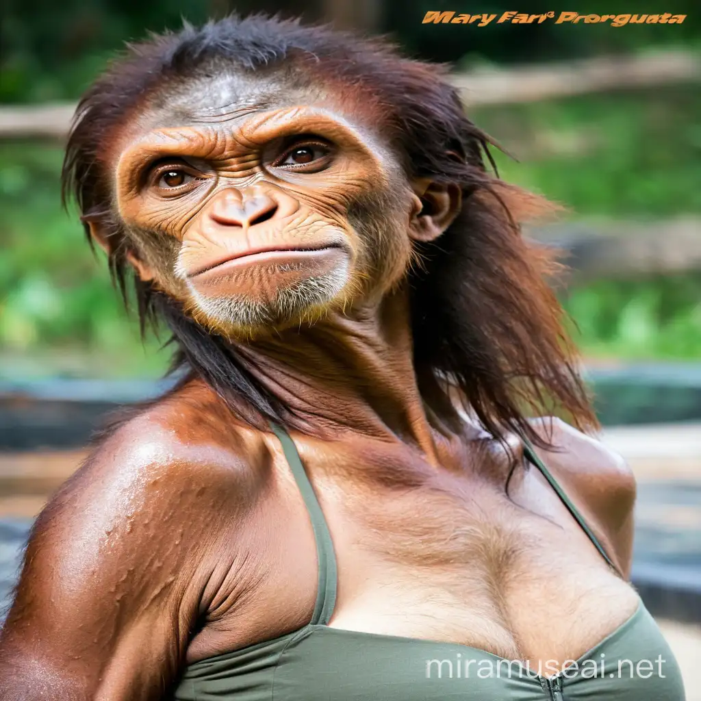 A very hairy woman transform to wereorangutan showing the very hairy female body with brown skin and sweaty hairy boobs and hairy brown orangutan faces and brown face skin