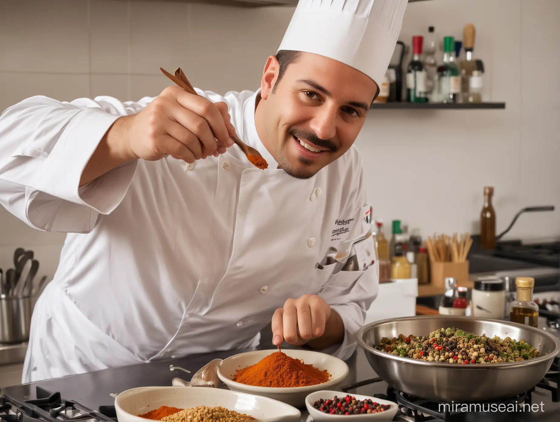Chef adds spices to his dish in the kitchen