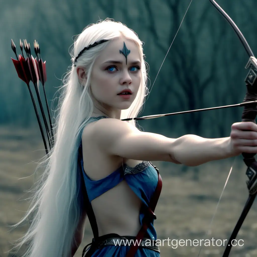 Primitive period, a girl with a gorgeous young body hunts Arrow (8k HTR. high quality) very young . princes 
.white hair . blue eyes. wearing rich