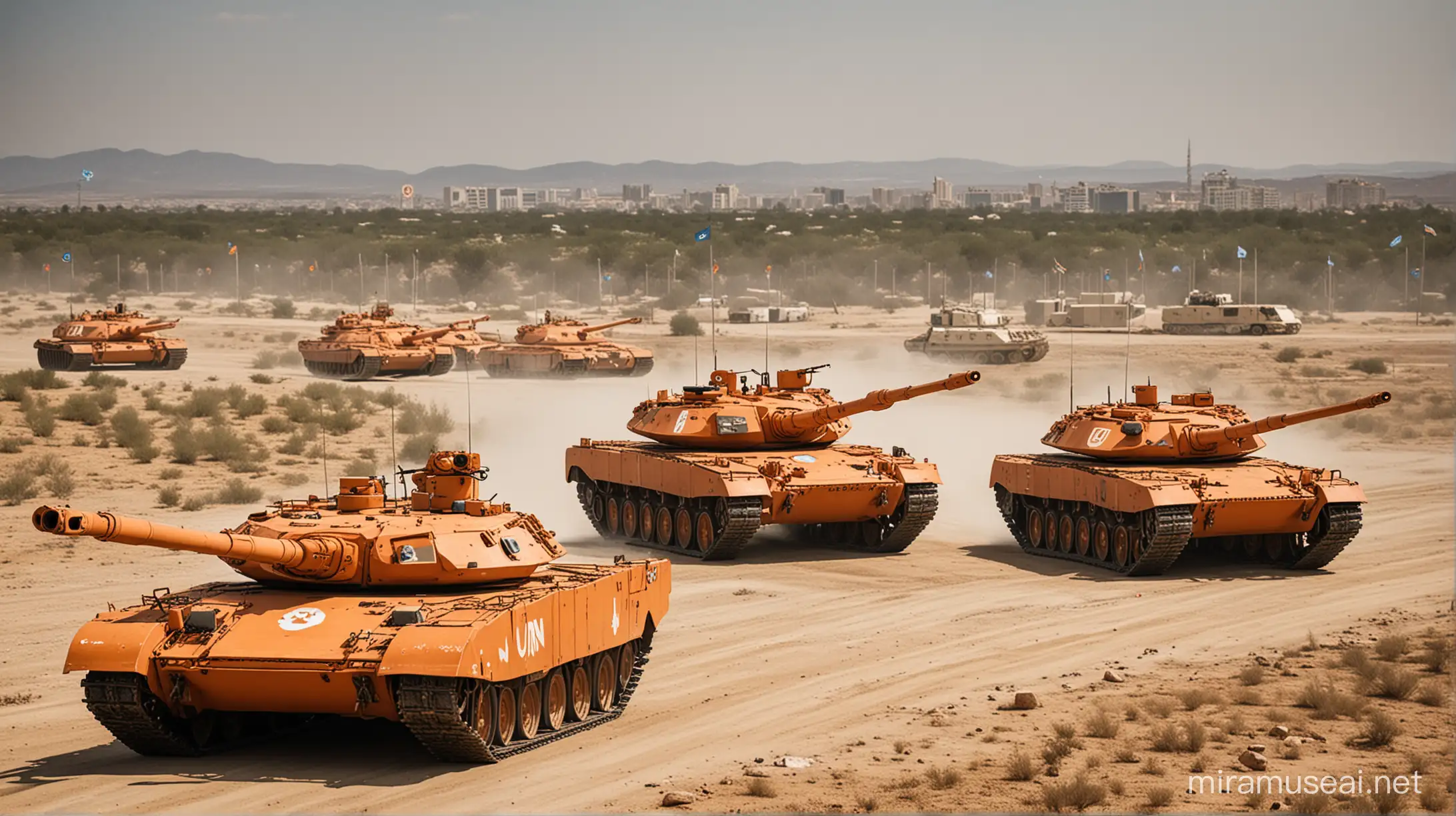 Orange military tanks With UN symbols
