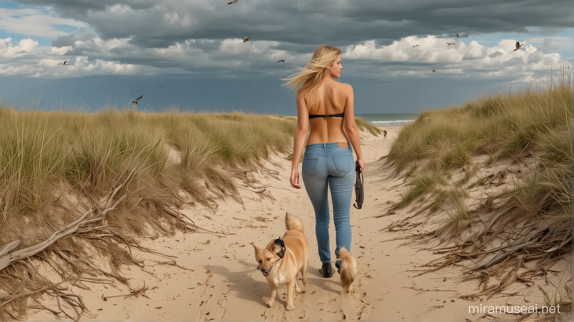 a gorgeous slender 18 year old European girl with 32DDD breasts, wearing blue jeans, topless, long blond hair, walking through a dune landscape with a view of the sea. Sunny atmosphere, dramatic  clouds, some seagulls flying, driftwood laying on the beach,  a big fierce German-shepherd dog is walking right next to her