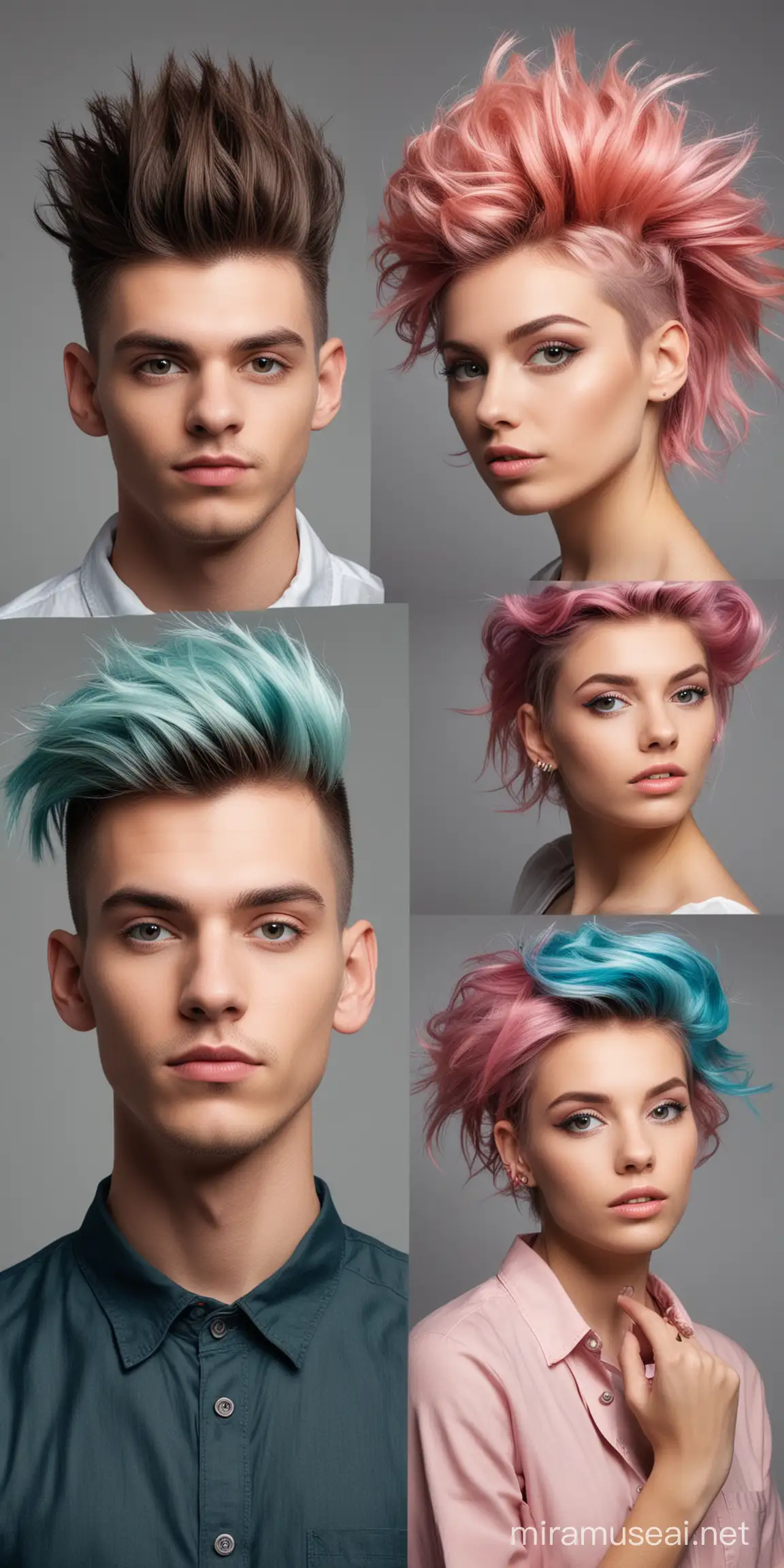 Create an image of a young man and woman with unconventional hairstyles. Let your creativity flow with unique and eye-catching hair designs that stand out.