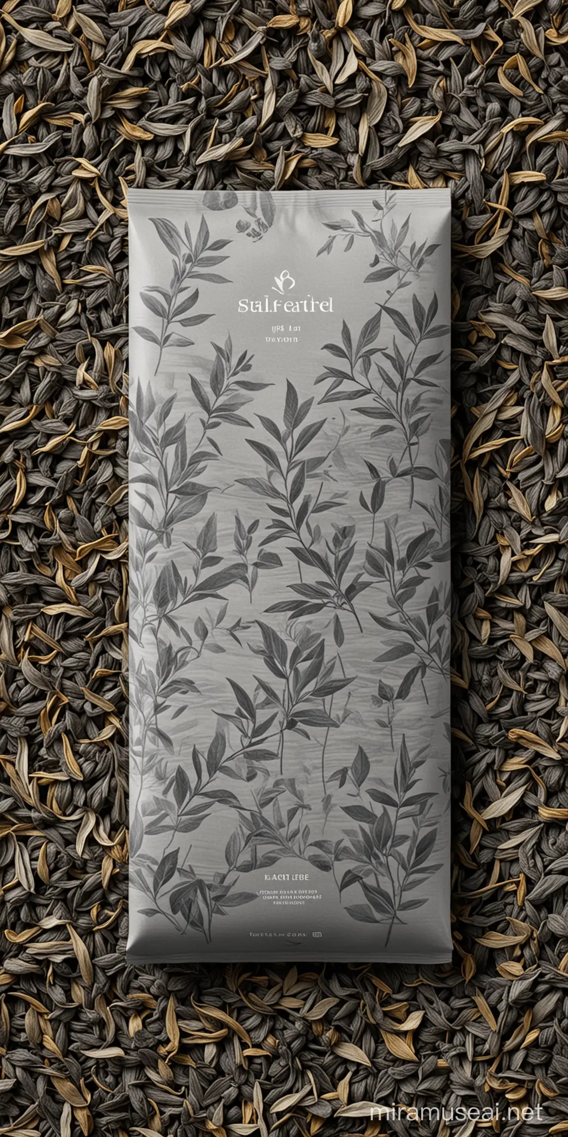a backdrop for a tea pack, grey tea leaves take 70% of the image,  2D lines, low quality printing