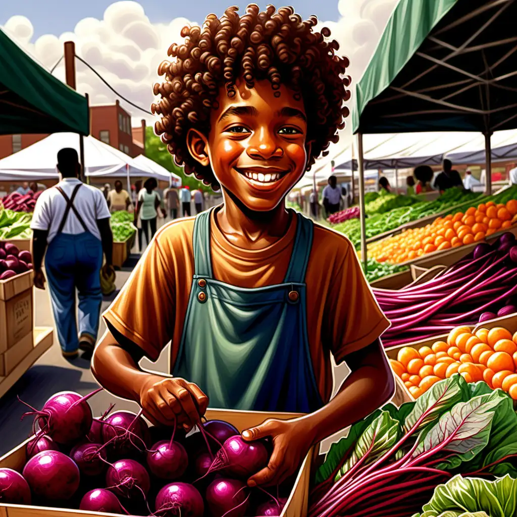 cartoon ernie barnes style african american 10 year old boy with curly hair smiling picking up beets at the farmer's market 
