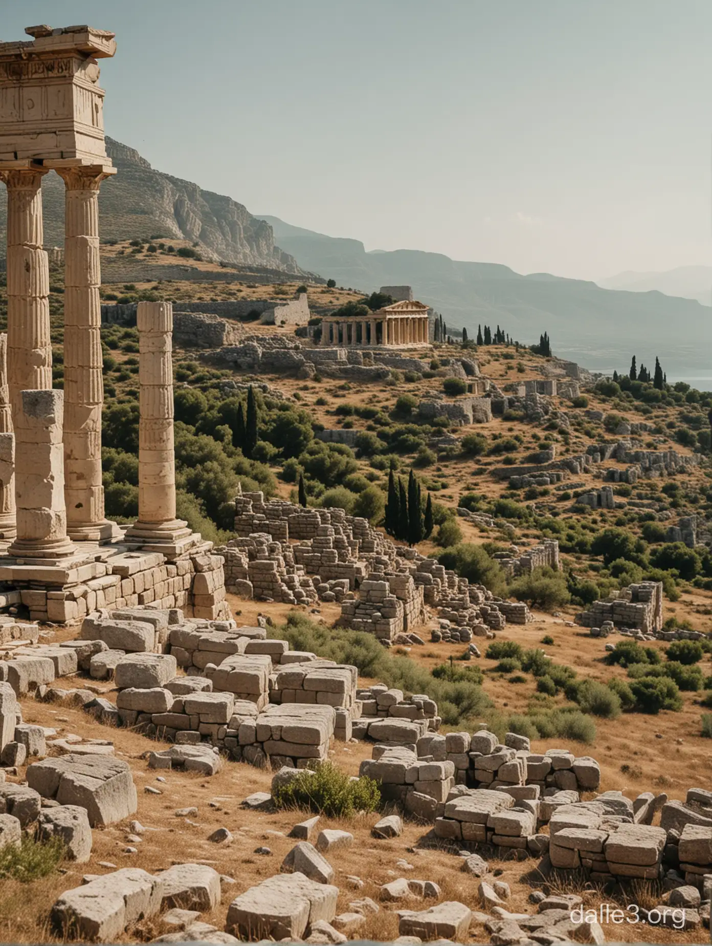 Opening shot of a serene Greek landscape, with ancient ruins in the background]