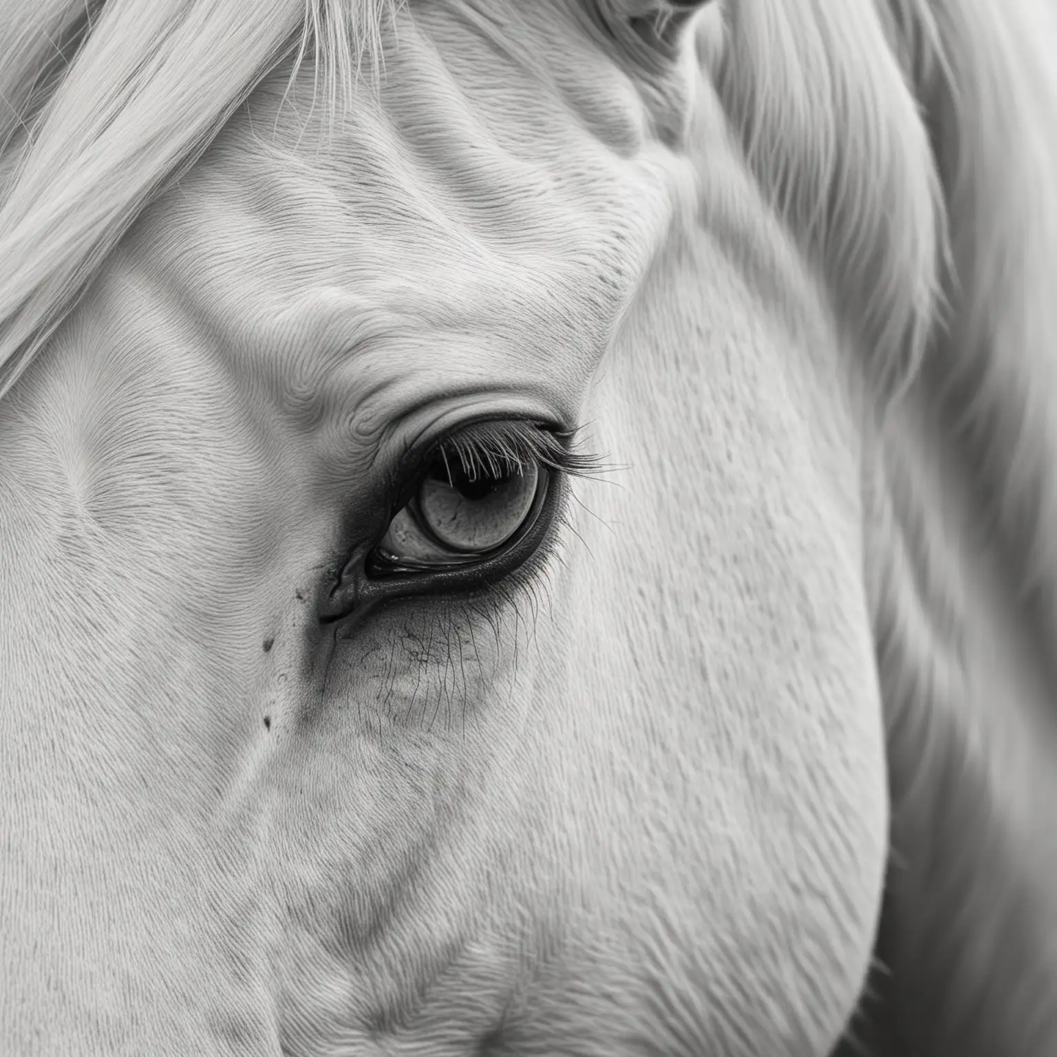 Close up of a beautiful white horse, black and white photograph, extreme close up, art photography, Macek style 