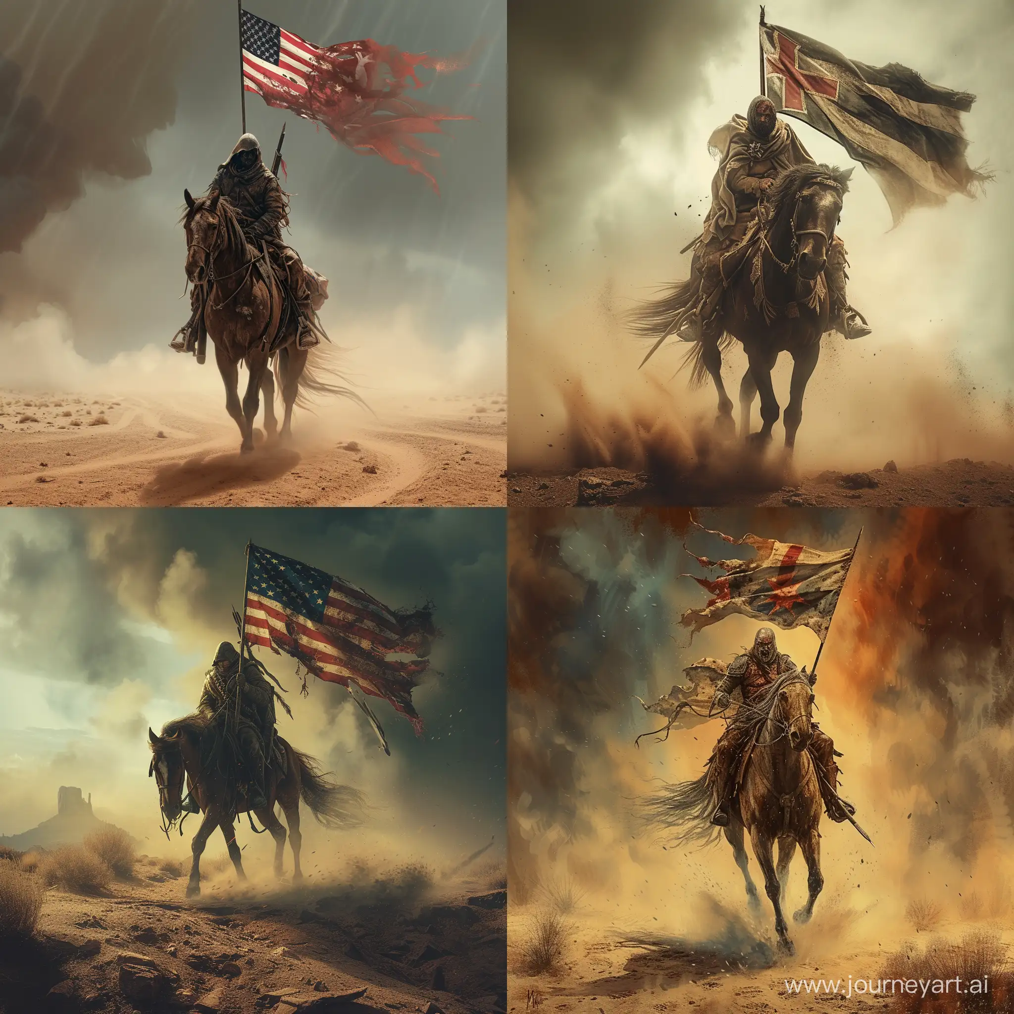 дует сильный ветер, конь напряженно идет вперед, на коне раненый воин с флагом своей страны