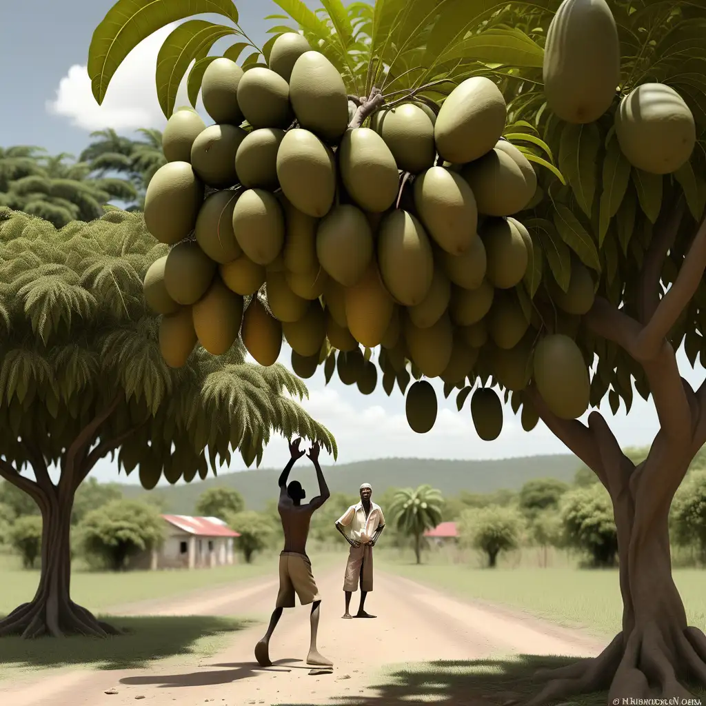 A man is throwing stone in a mango tree. The tall mango tree in the far distance, is laden with small sized fruit. Is in rural Jamaica.