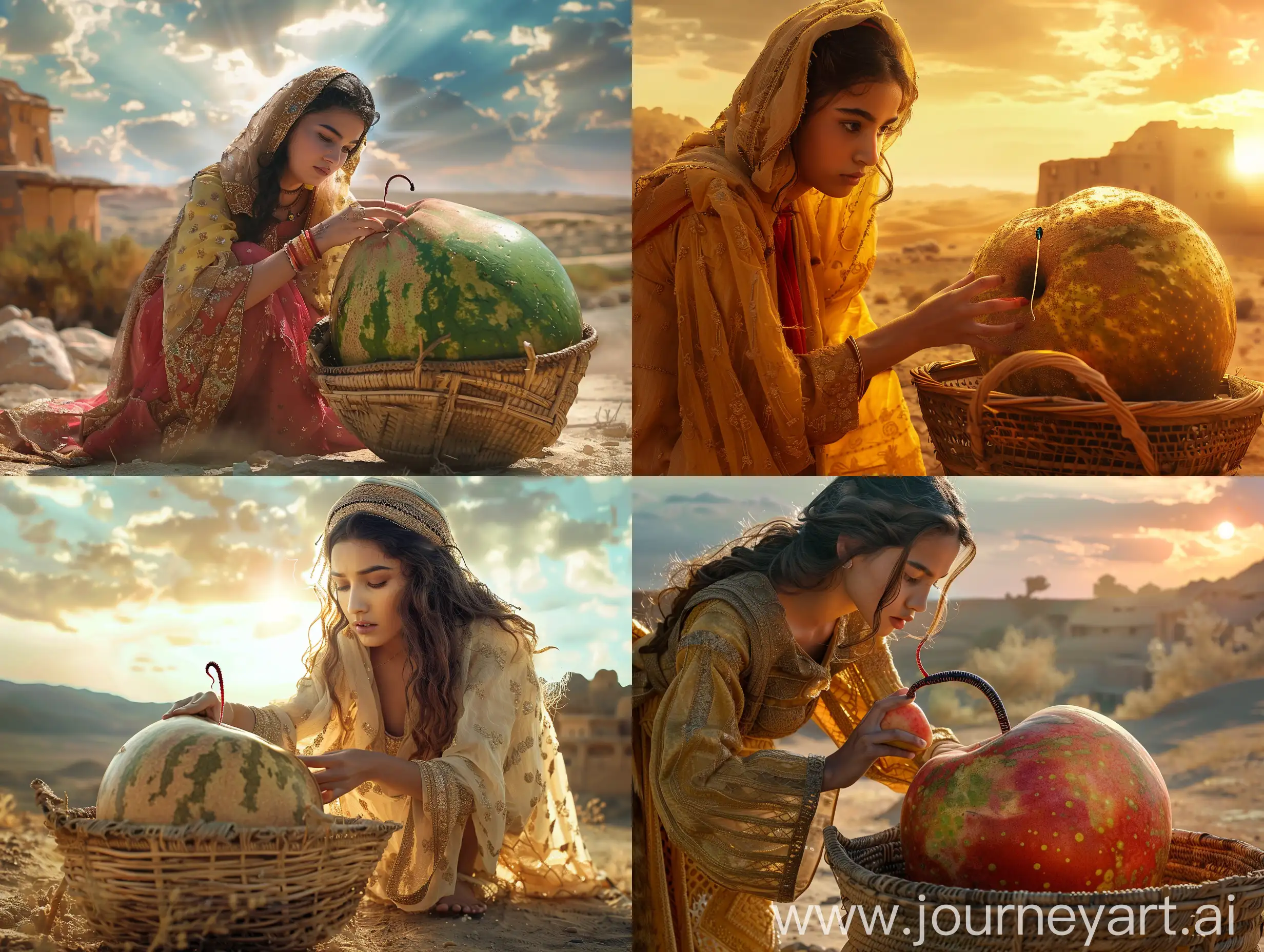 A young Persian woman puts a large watermelon-sized apple pierced by a worm into a basket in a desert, in an ancient civilization, cinematic, epic realism,8K, highly detailed, glamour lighting, backlit 