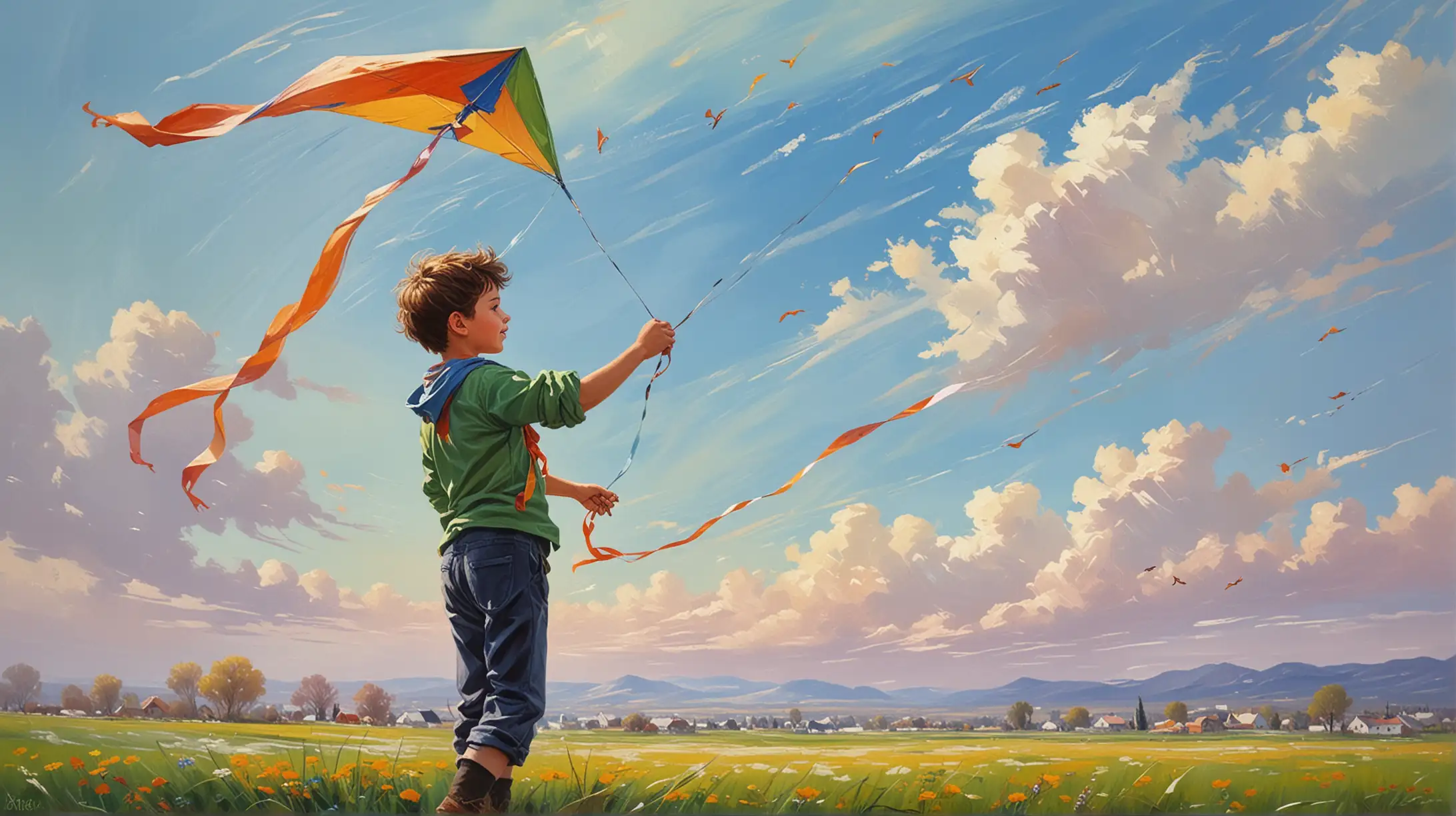 Oil painting, expressive style, colors of spring, a fresh wind, a boy holding the ribbon of a kite flying freely, the wind lifting the kite