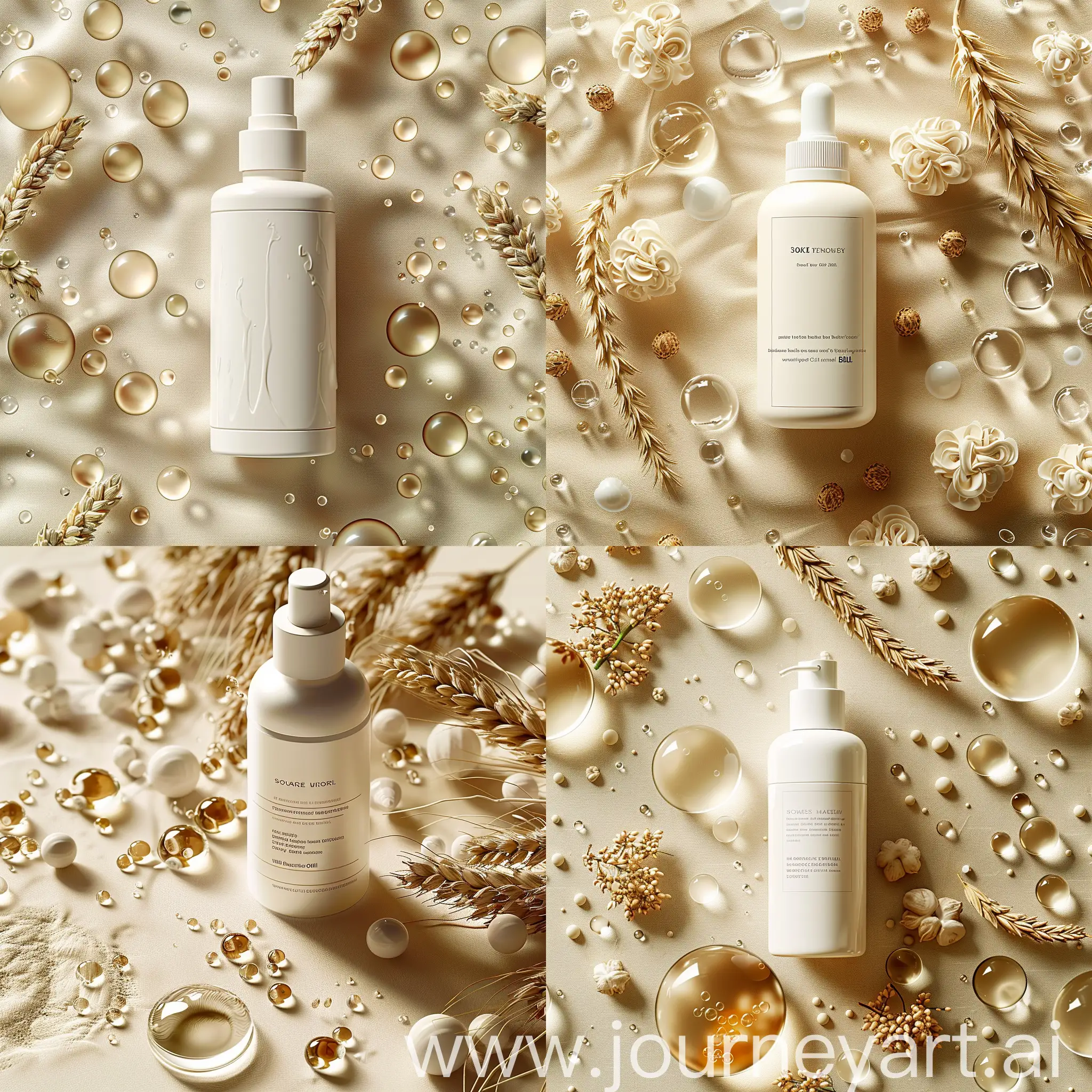 Product shoot, a bottle of white moisturizer lying flat in the center of the frame, with oil bubbles floating in the background on a beige background photo bbl, 32k ultra high definition style, realistic super detailed renderings, innovative page design, interwoven materials, exquisite Material c4d, with wheat elements --s 550
