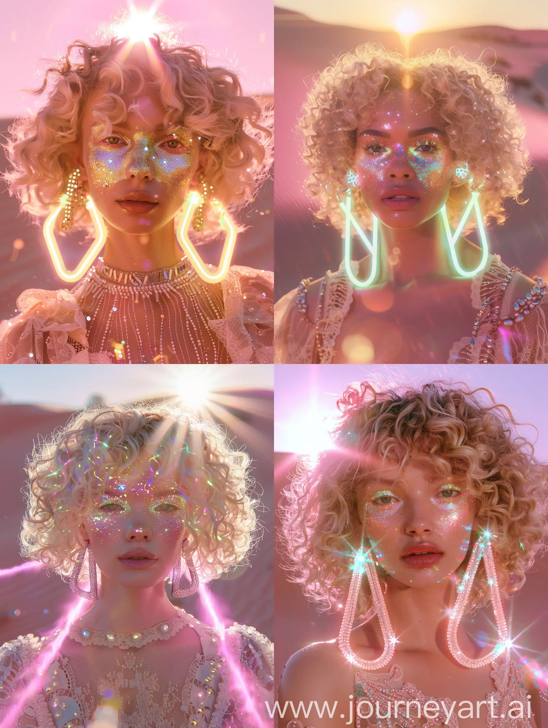 Blonde-CurlyHaired-Model-with-Neon-Glitter-Makeup-in-Pink-Sand-Dunes