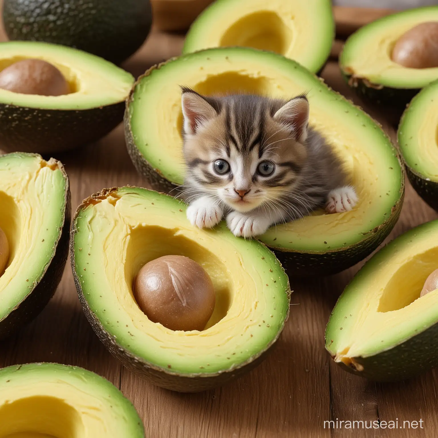 Kittens Playing Among Avocados