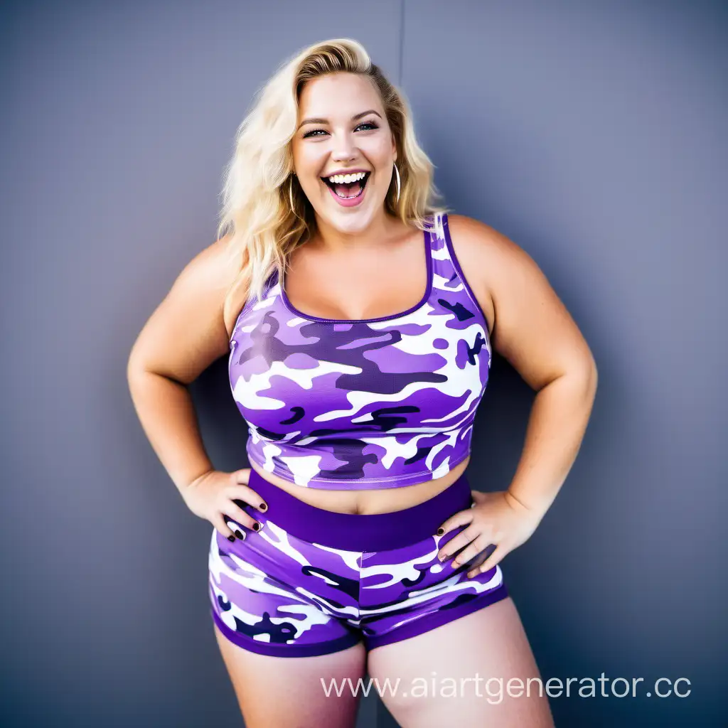 A happy plus sized Caucasian blonde woman wearing a purple crop top and purple camouflage spandex shorts  
