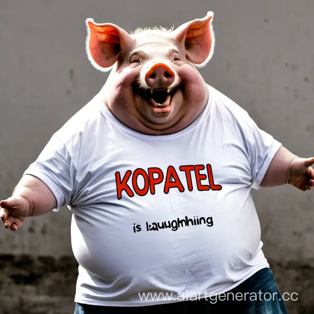 Жирная свинья, с футболкой на которой надпись KOPATEL смеется