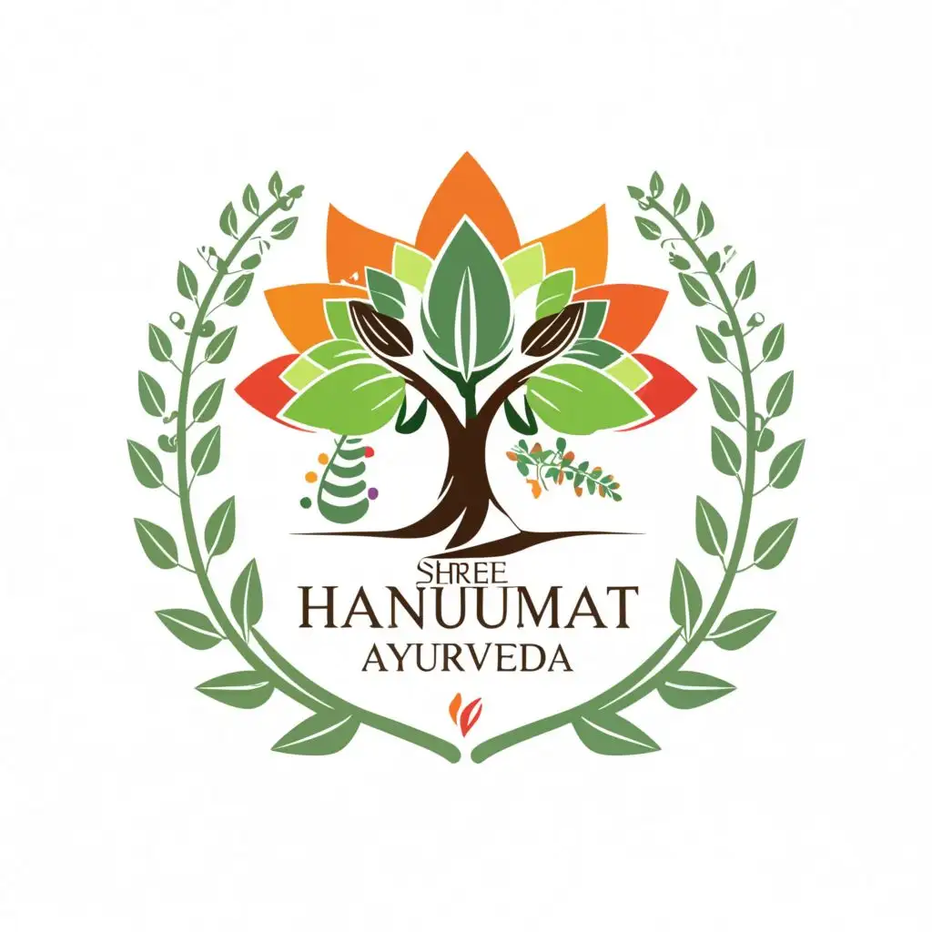 logo, Tree, sun, leafs and herbs, with the text "Shree Hanumat Ayurveda", typography, be used in Retail industry