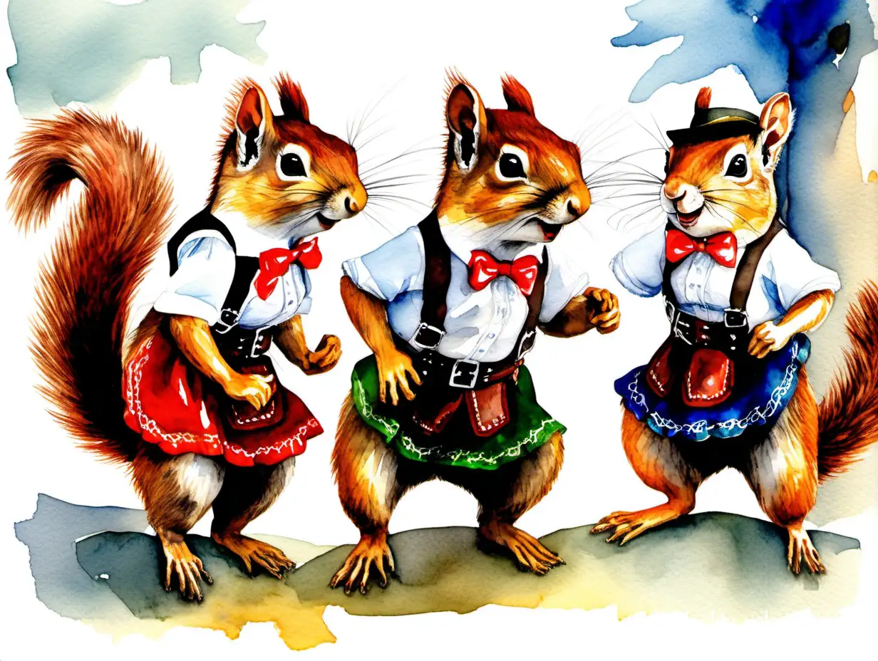 tyrolean squirrels with  traditional lederhosen and dirndls dancing Schuhplattler, watercolor