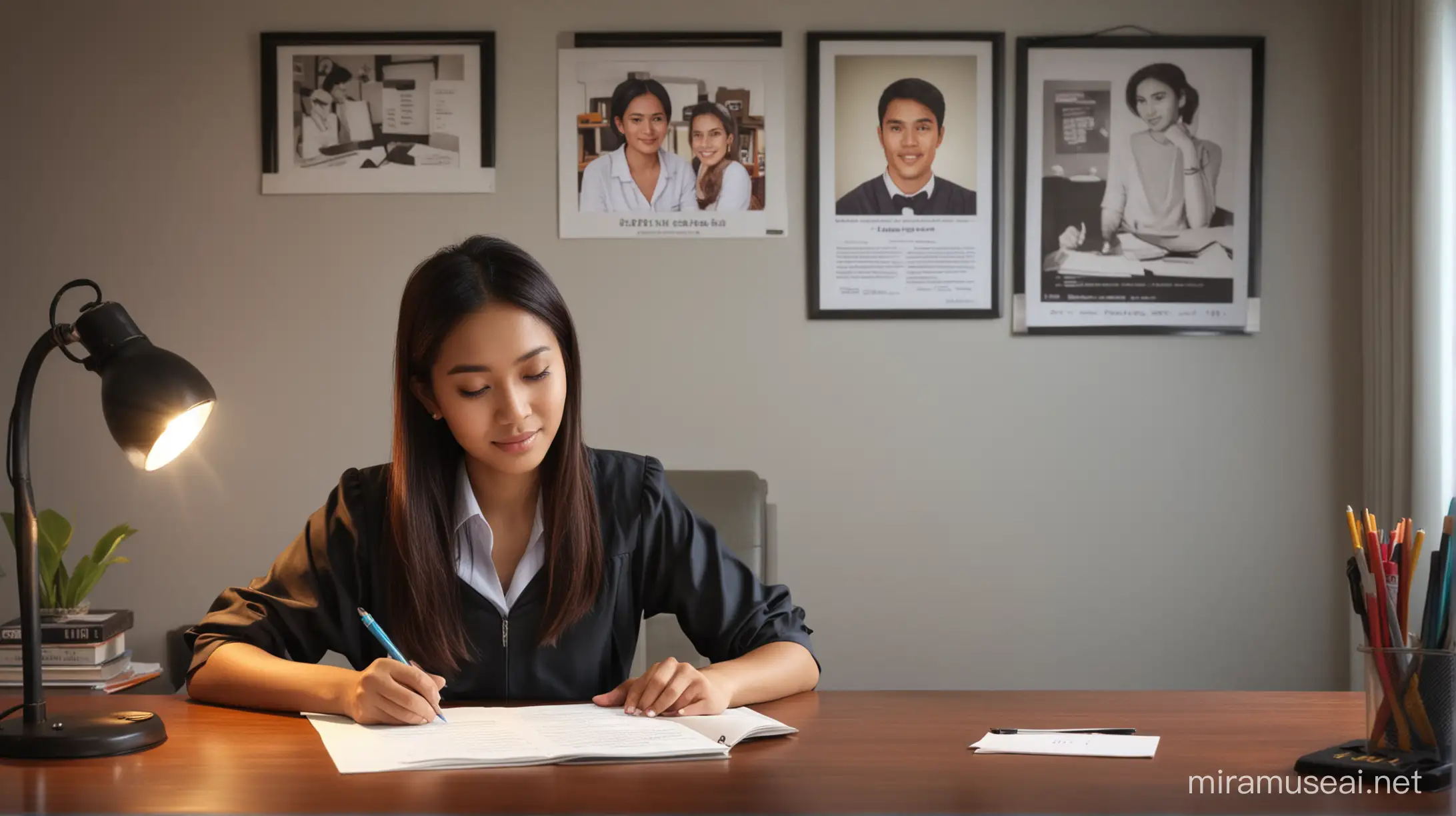 Create an HDR quality photo-realistic image of an Indonesian woman, in her 20s, writing a curriculum vitae letter. The woman is sitting at a desk, in front of which is a reading lamp. The background is a neat room with a graduation photo on the wall.