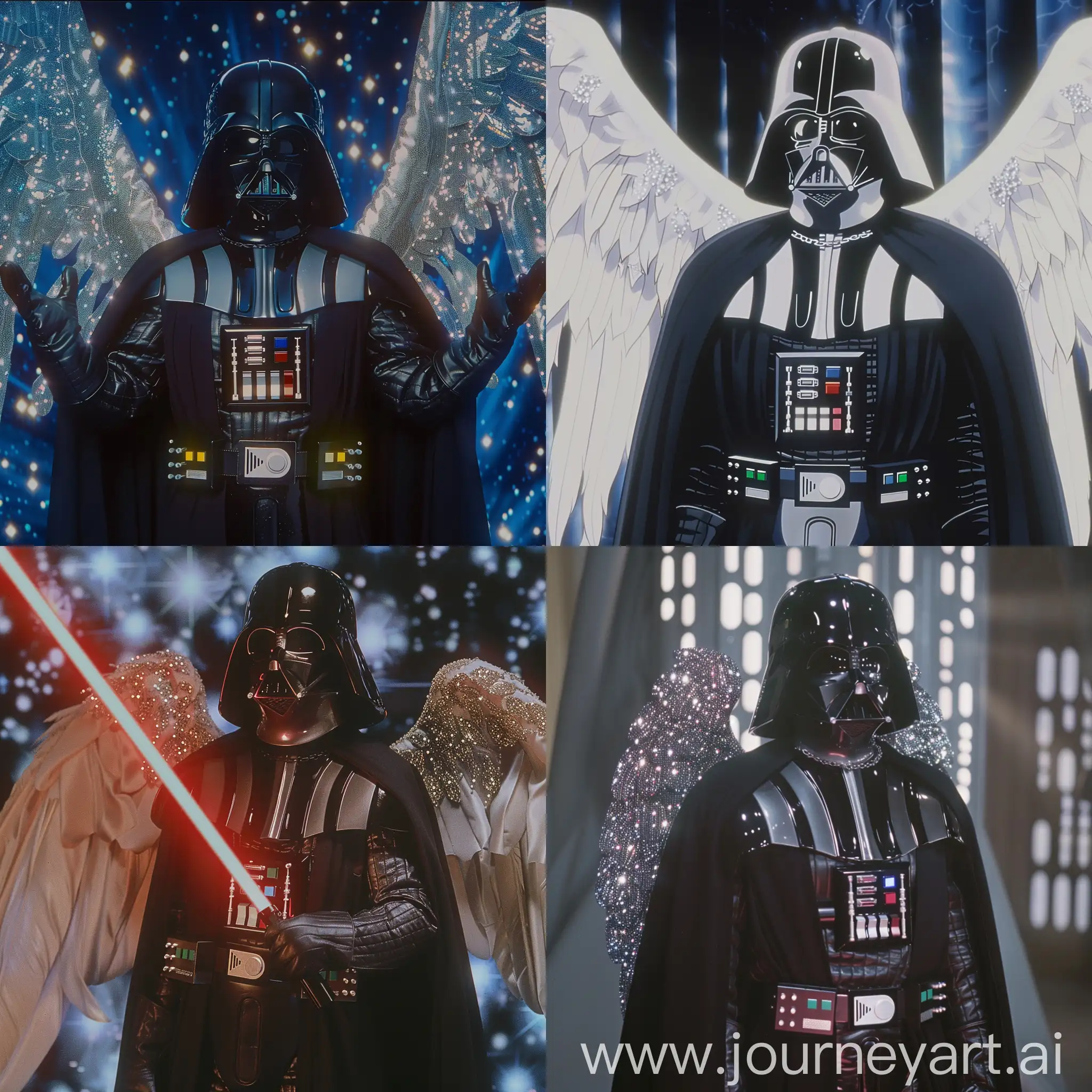 Darth Vader  in anime genre film, dvd screenshot from anime film, angel costume with diamond embroidery and 80s anime film composition