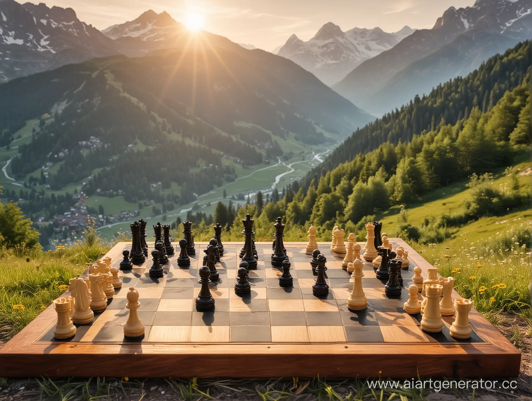 Alpine-Chessboard-Pieces-in-Dawn-Meadows-with-Sunshine