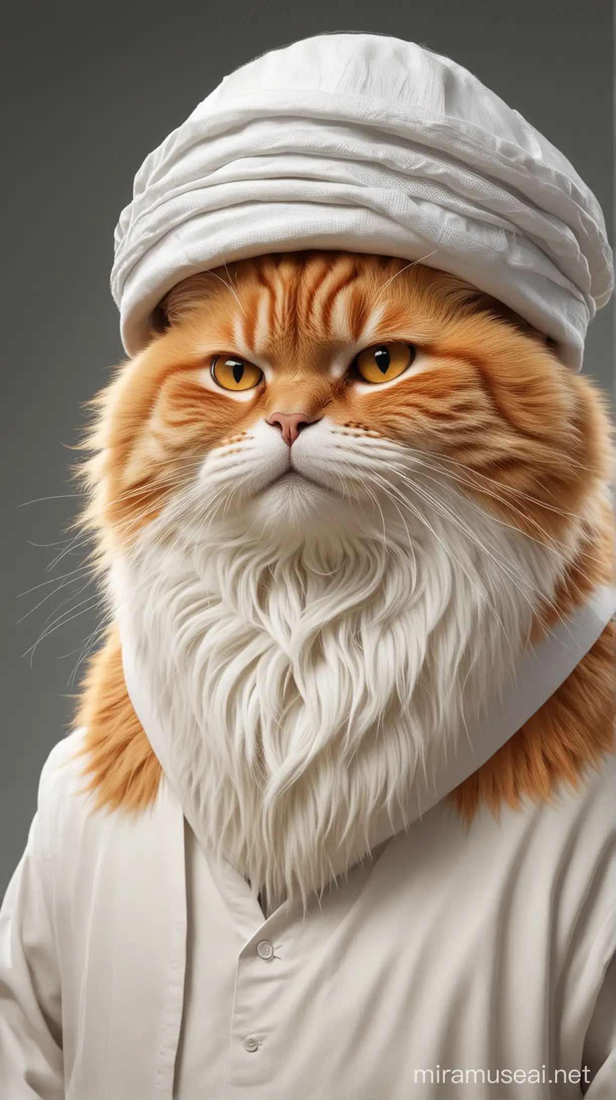 Illustration of a fat orange cat with thick hair wearing a Hajj cap and white vest but his arms are visible with orange fur, next to him is an Indonesian grandfather with olive skin, white hair, wrinkled face, wearing a white Hajj cap. Their faces visible from the side are clear, 3D images, high resolution.