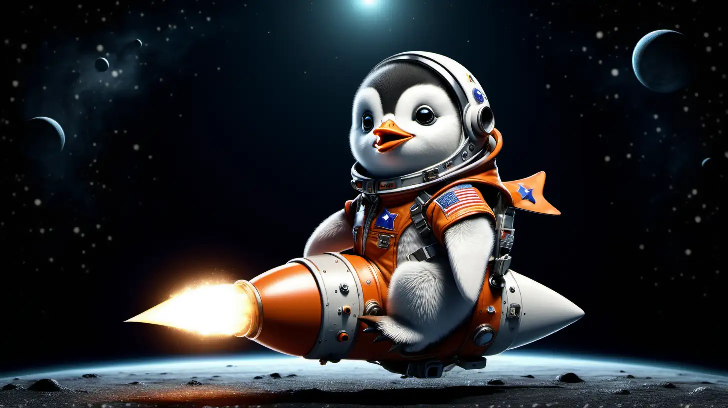 a cute baby penguin in a space suit sitting cowboy style on a small rocket flying through very dark space in the background