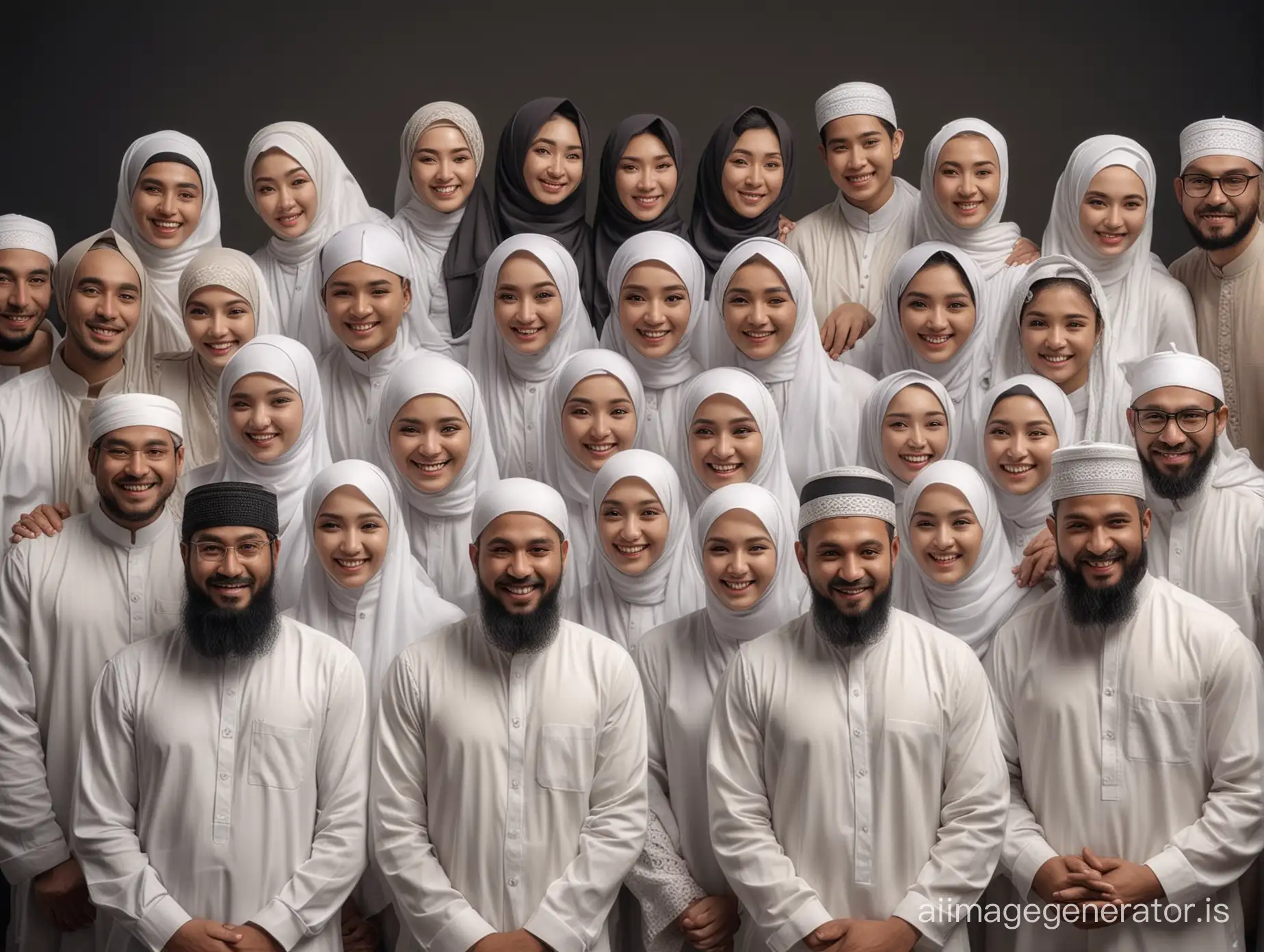 Create realistic photography. Humans numbered dozens of adults, adult men and women. Everyone is normal and happy together. Dressed in white (Asian Muslims). Dark colored photo studio background.