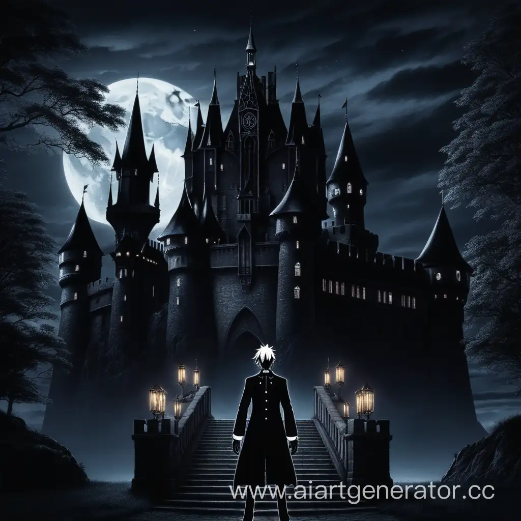 Изображение на тему аниме "Темный дворецкий" в темной теме, с замком
